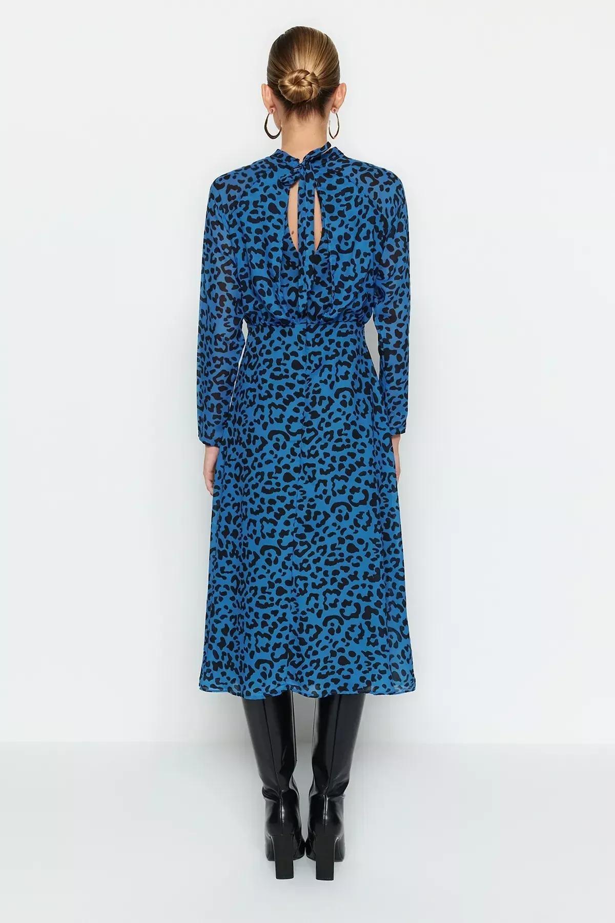 Blue Midi Leopard Print Woven Dress, Blue, large image number 5