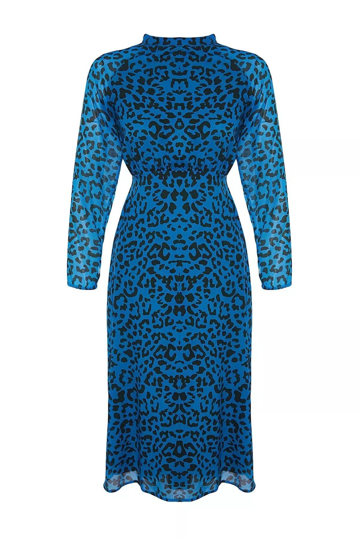 Blue Midi Leopard Print Woven Dress, Blue, large image number 6