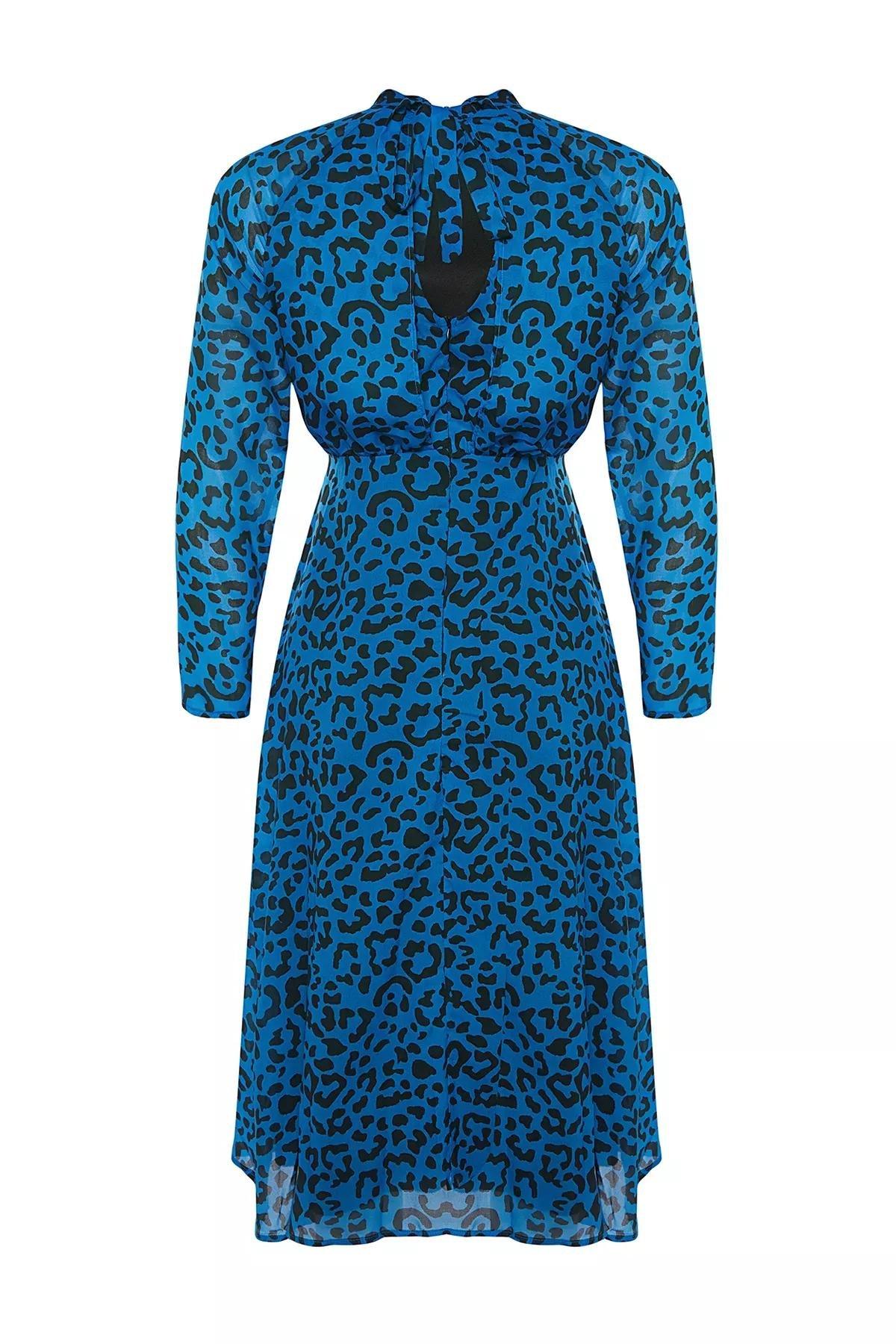 Blue Midi Leopard Print Woven Dress, Blue, large image number 7
