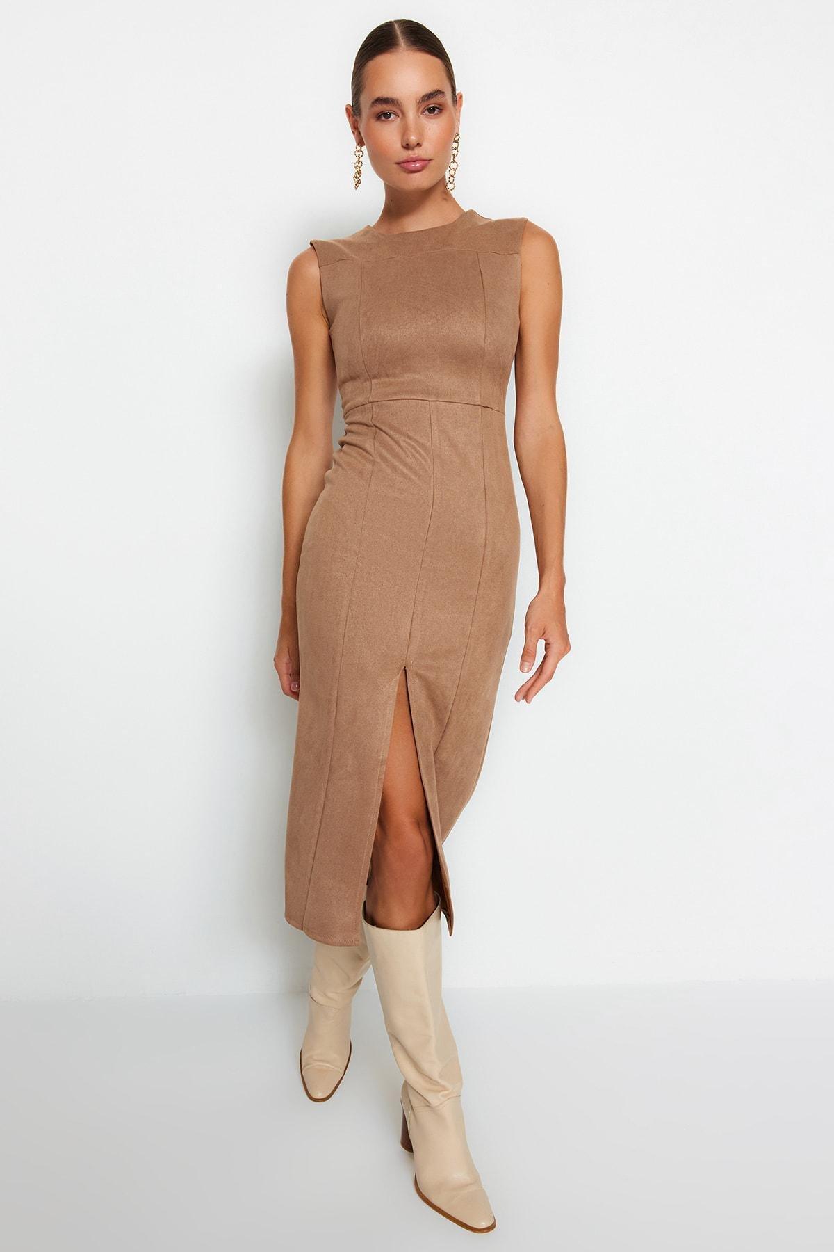 Trendyol - Brown Woven Suede Midi Dress