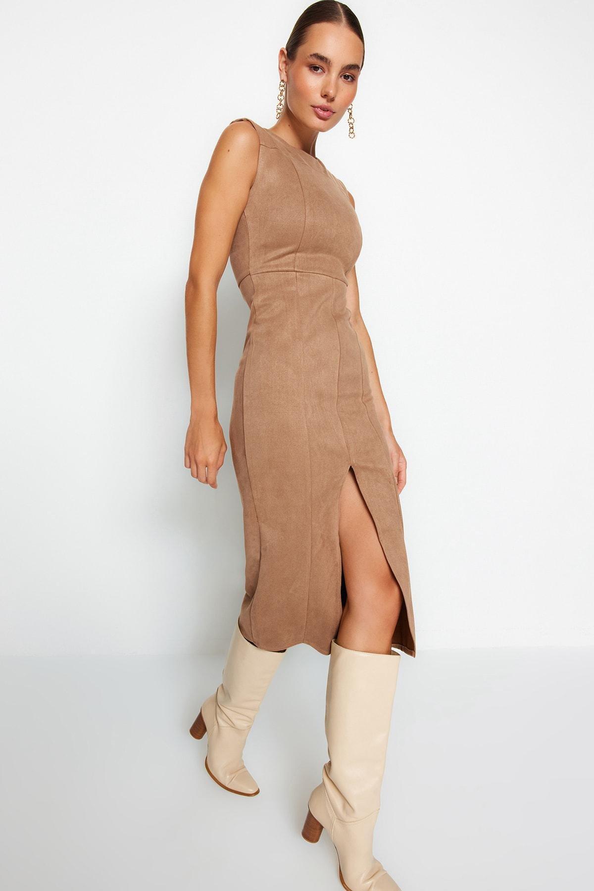 Trendyol - Brown Woven Suede Midi Dress