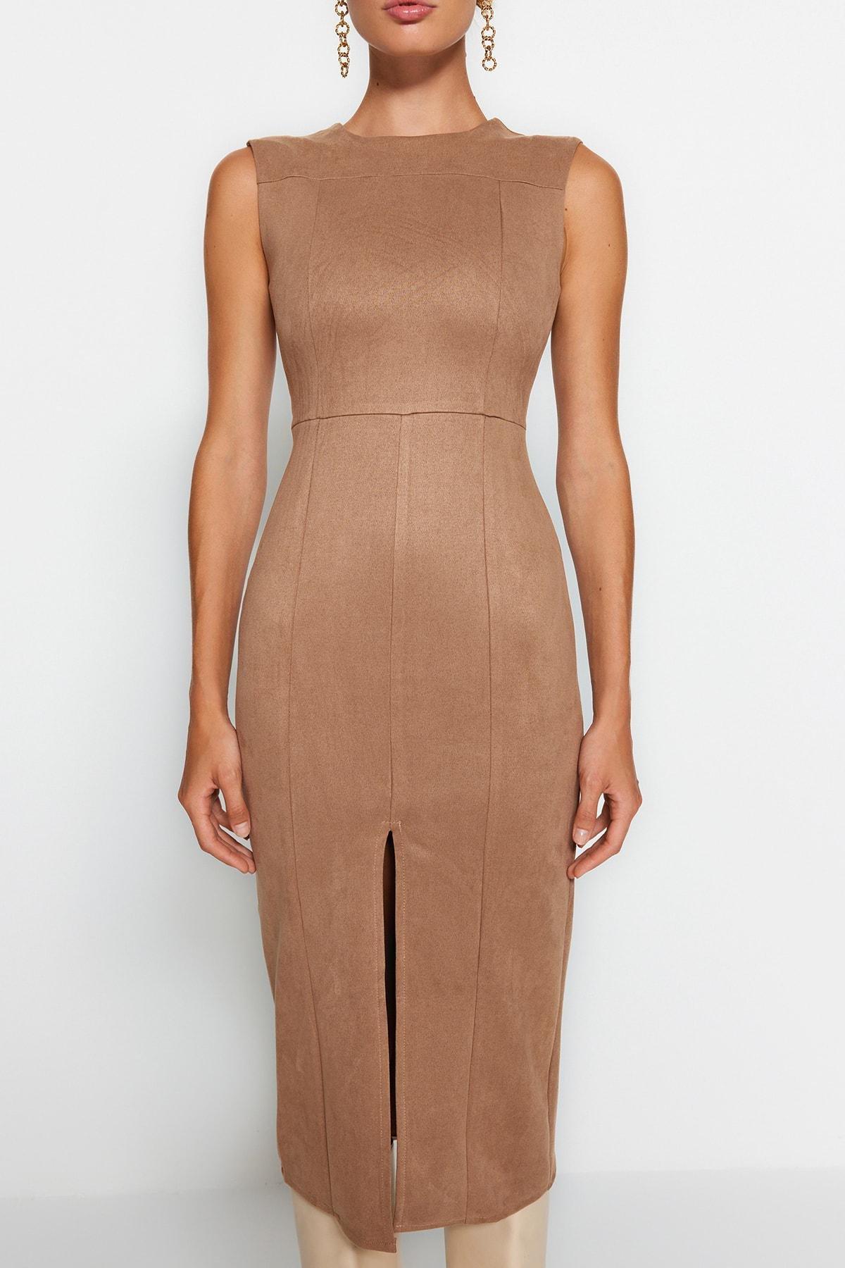 Brown Woven Suede Midi Dress, , large image number 3