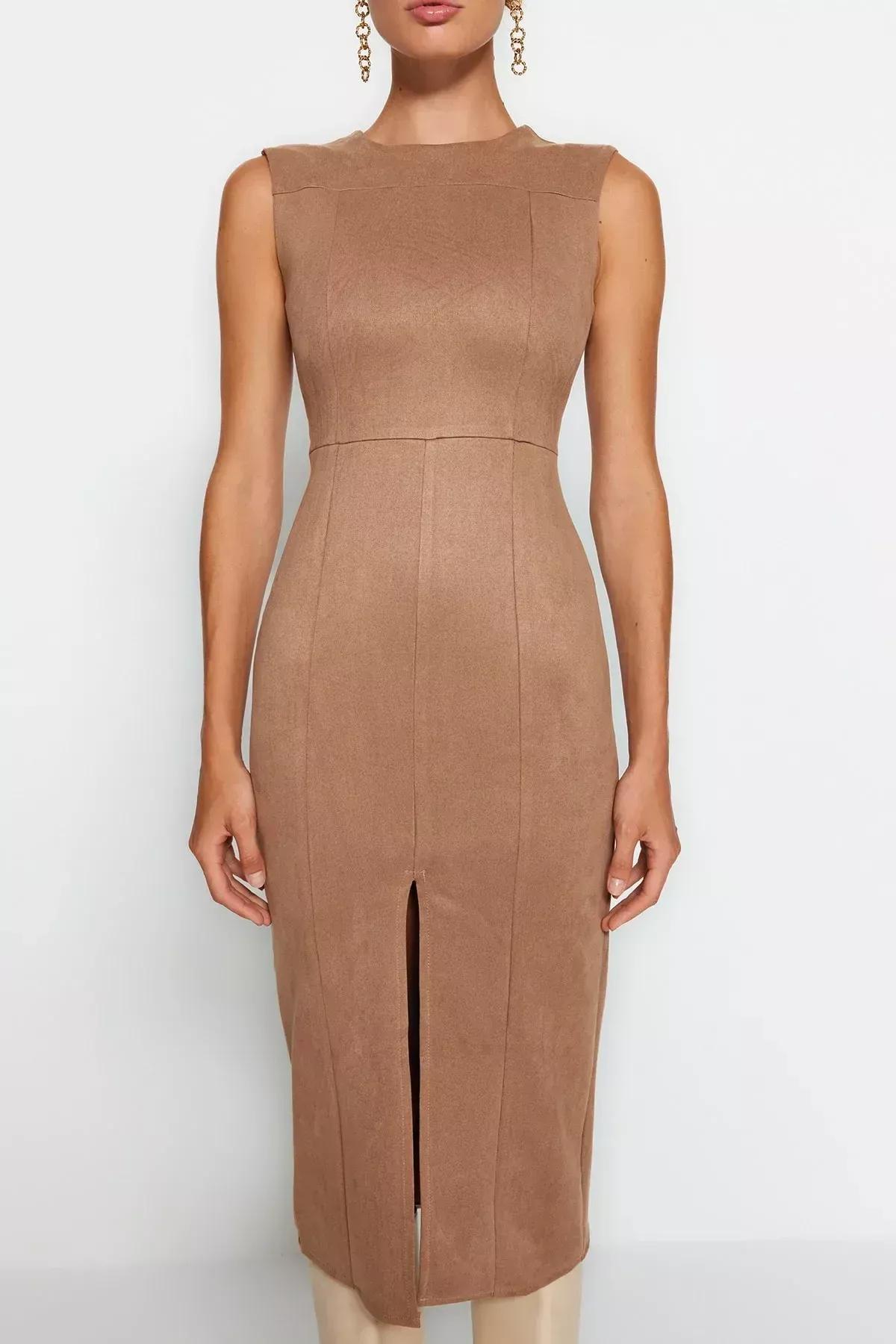 فستان متوسط الطول منسوج من الشمواه، بني, CAMEL, large image number 3