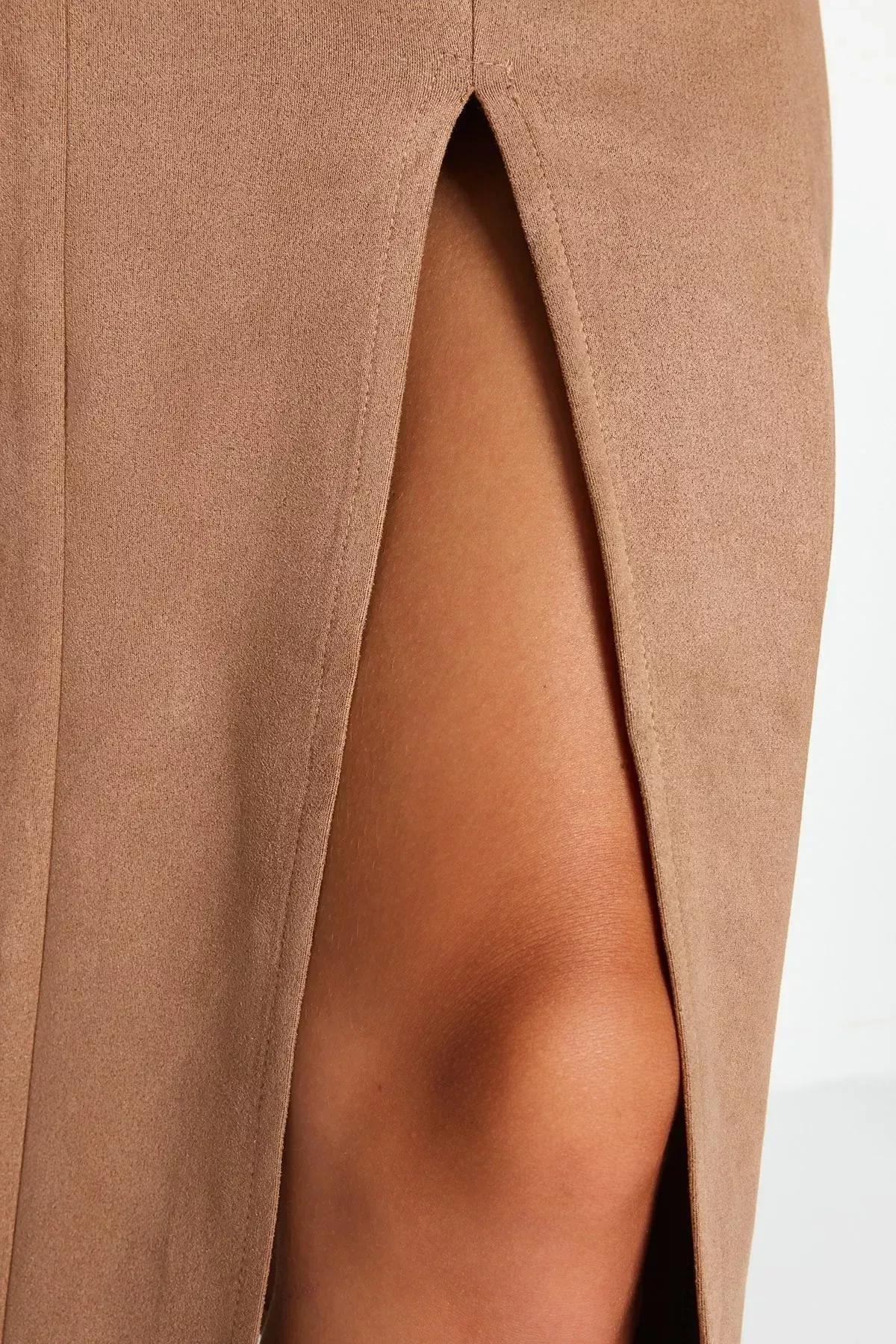 فستان متوسط الطول منسوج من الشمواه، بني, CAMEL, large image number 4