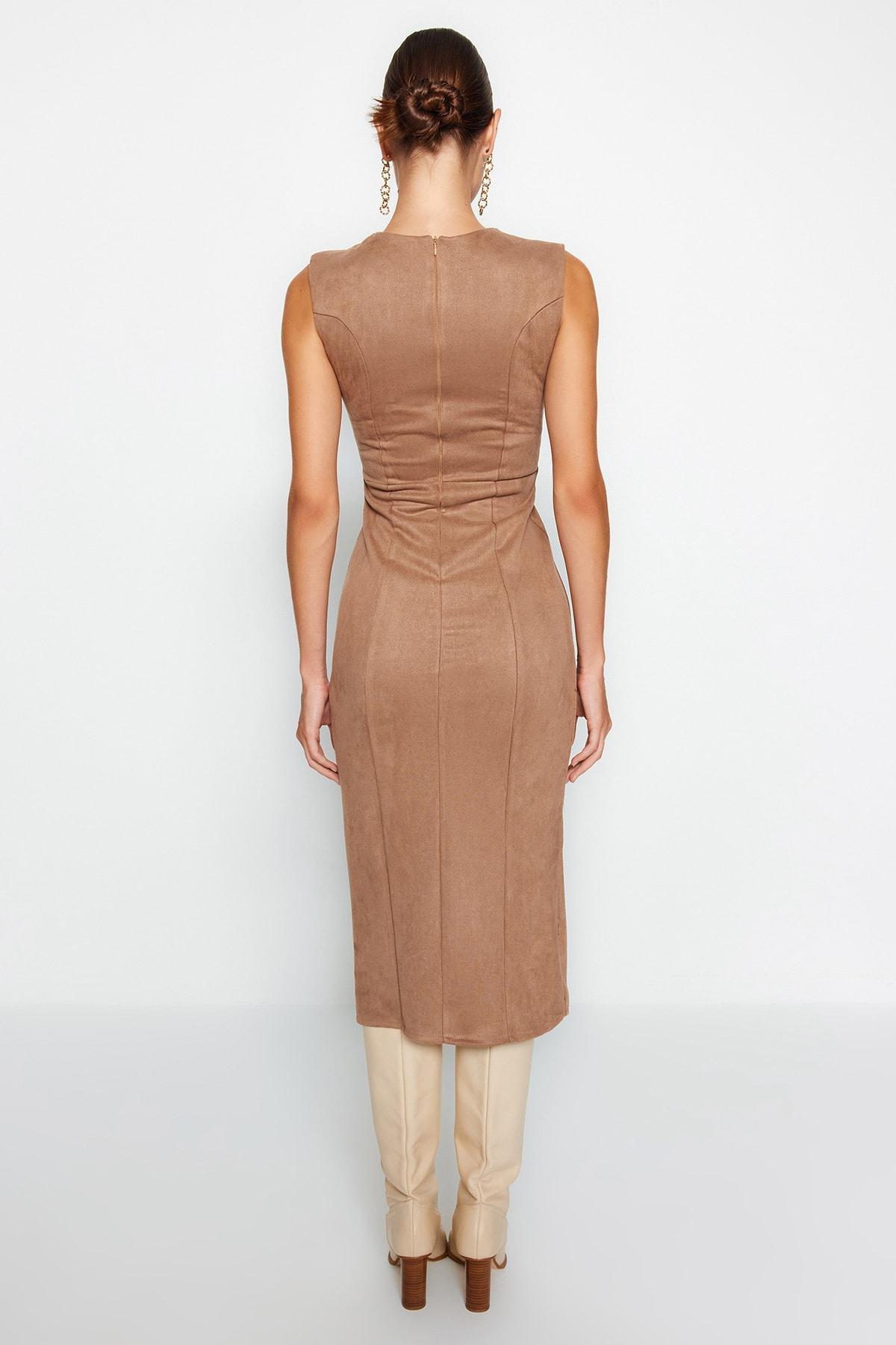 Trendyol - Brown Woven Suede Midi Dress