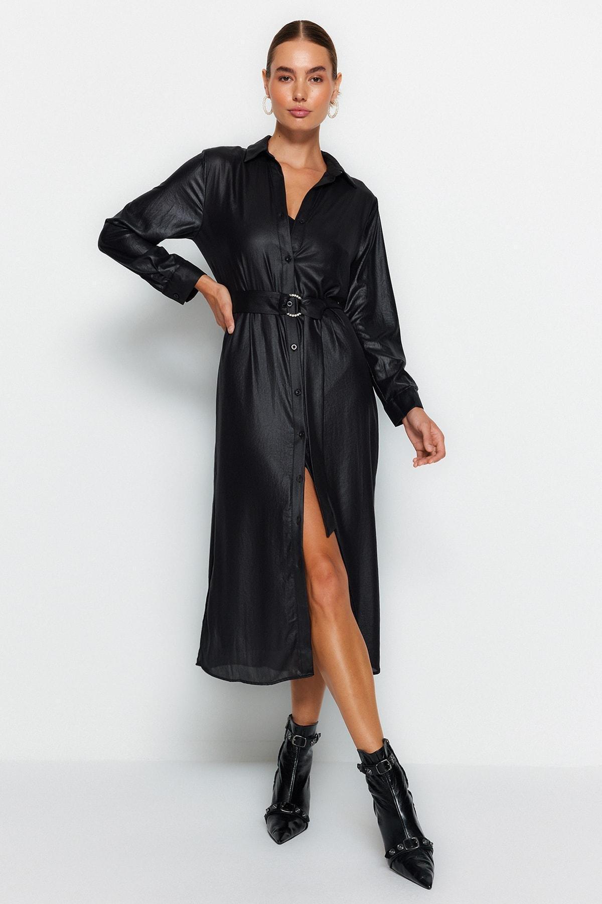 Black Woven Midi Dress With A Belt, , large image number 0