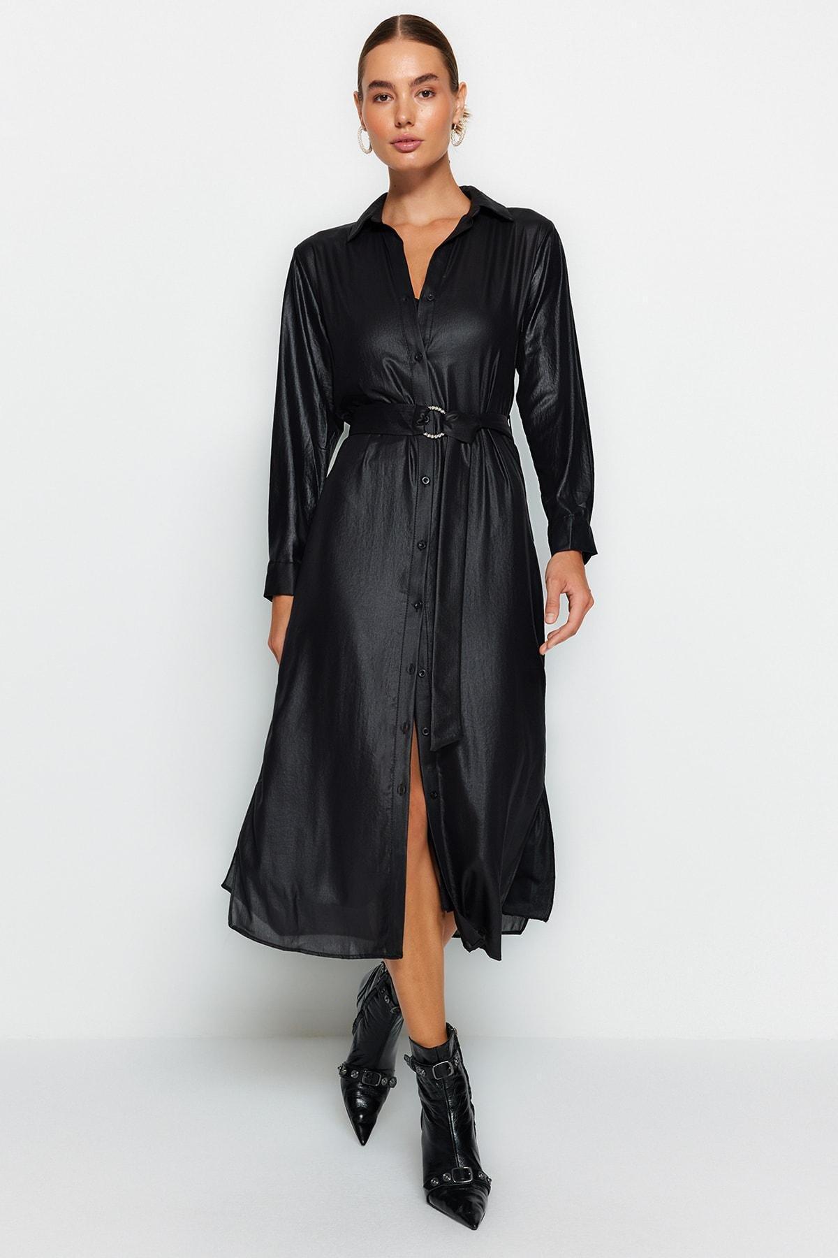 Black Woven Midi Dress With A Belt, , large image number 1