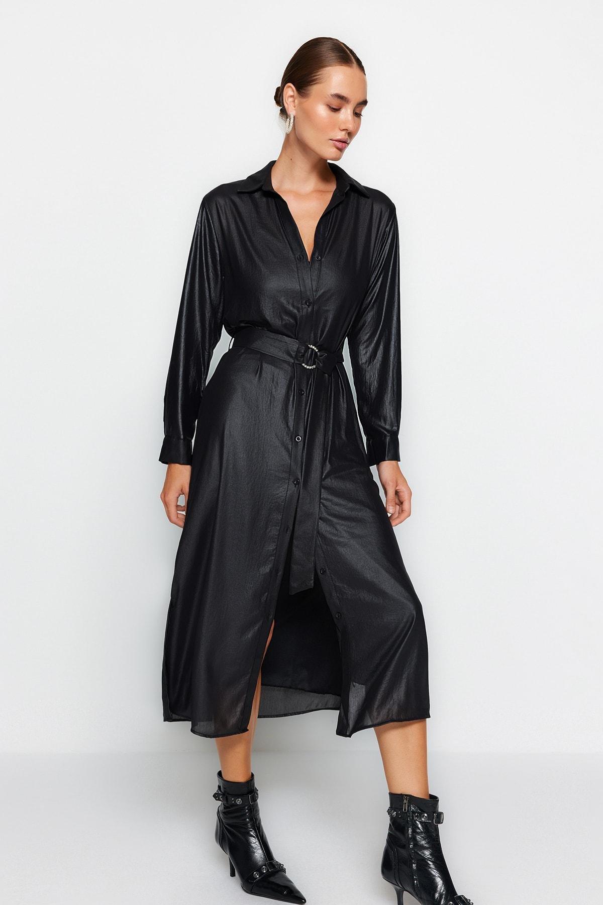 Black Woven Midi Dress With A Belt, , large image number 2