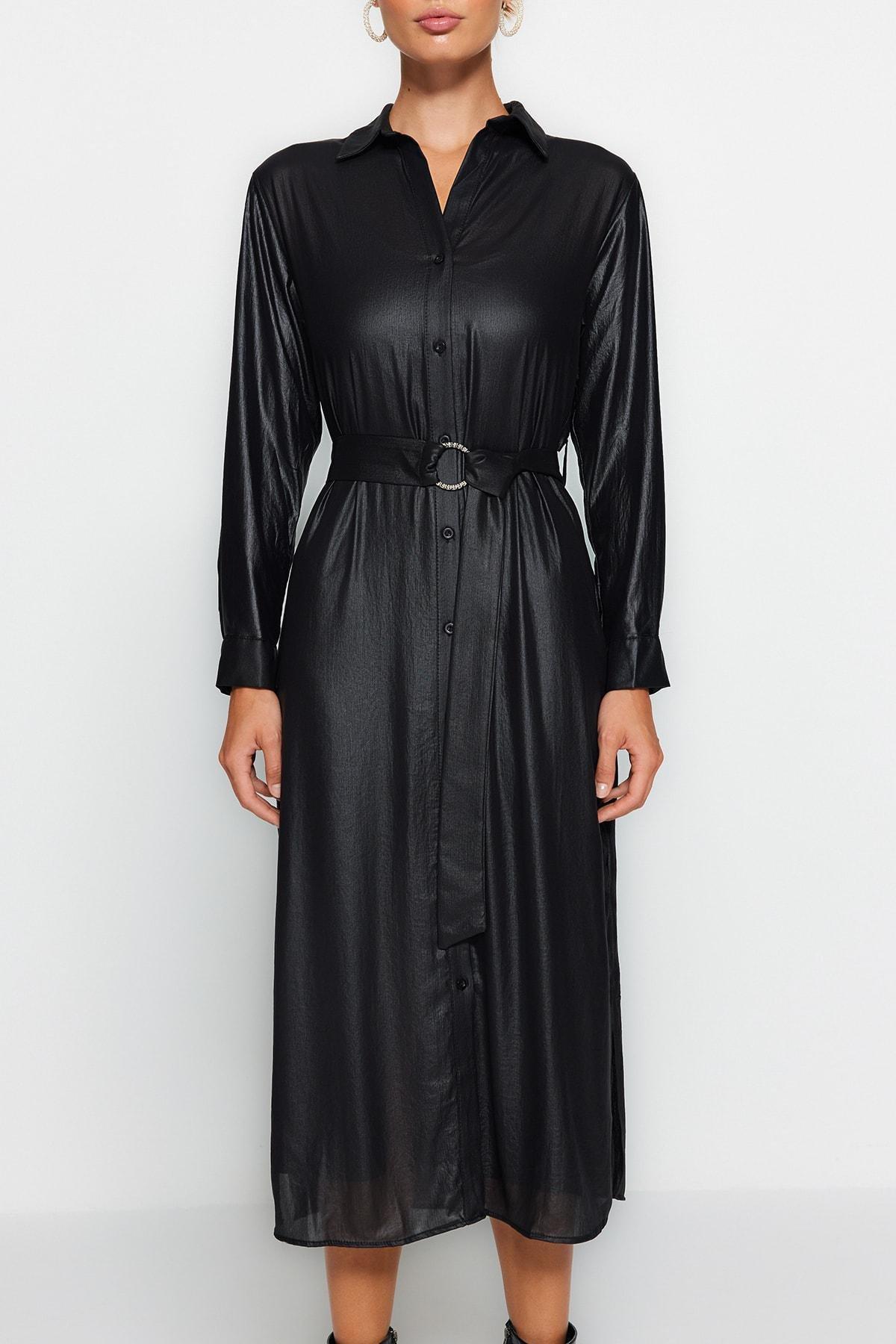 Black Woven Midi Dress With A Belt, , large image number 3