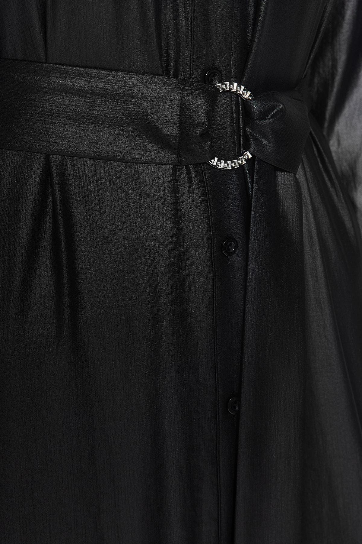 Black Woven Midi Dress With A Belt, , large image number 4