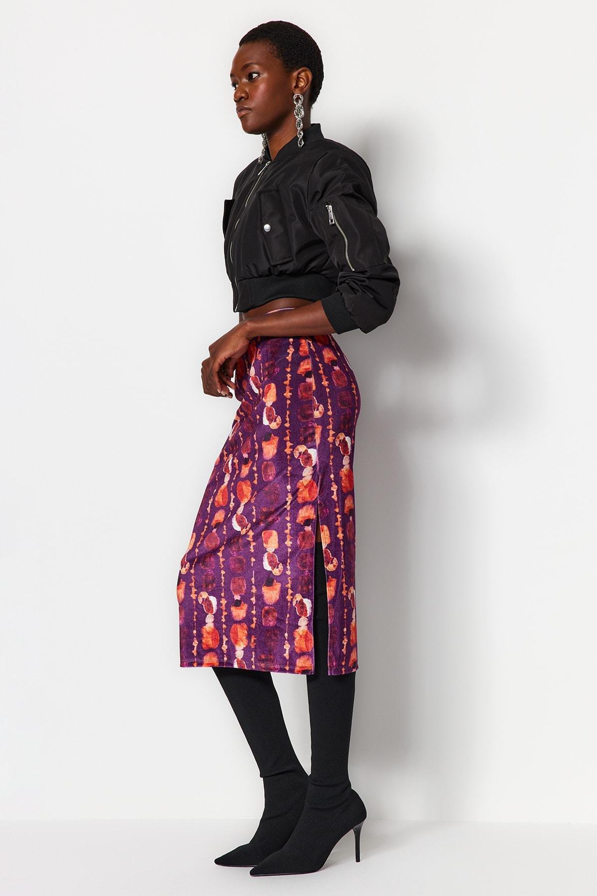 Trendyol - Purple Printed Midi Velvet Knitted Skirt