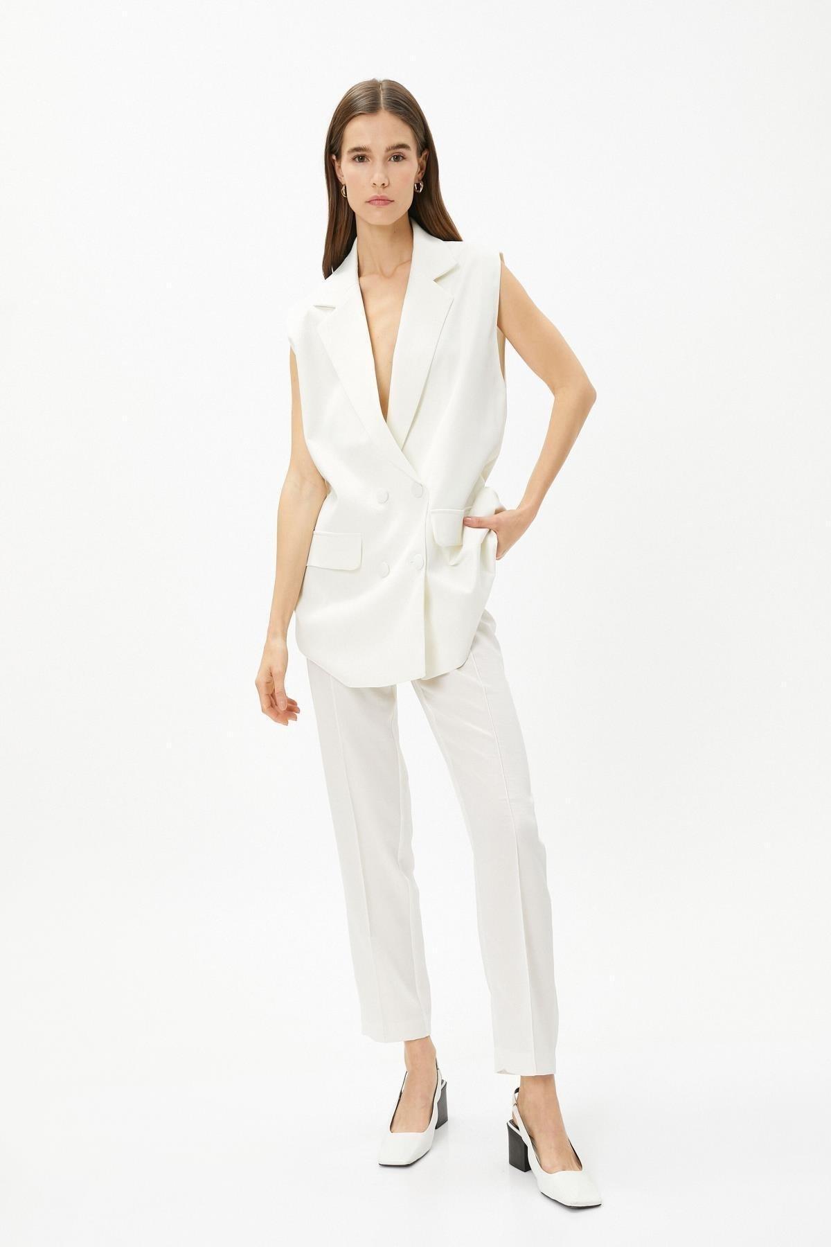 White Straight Plain Suit Pants, , large image number 0