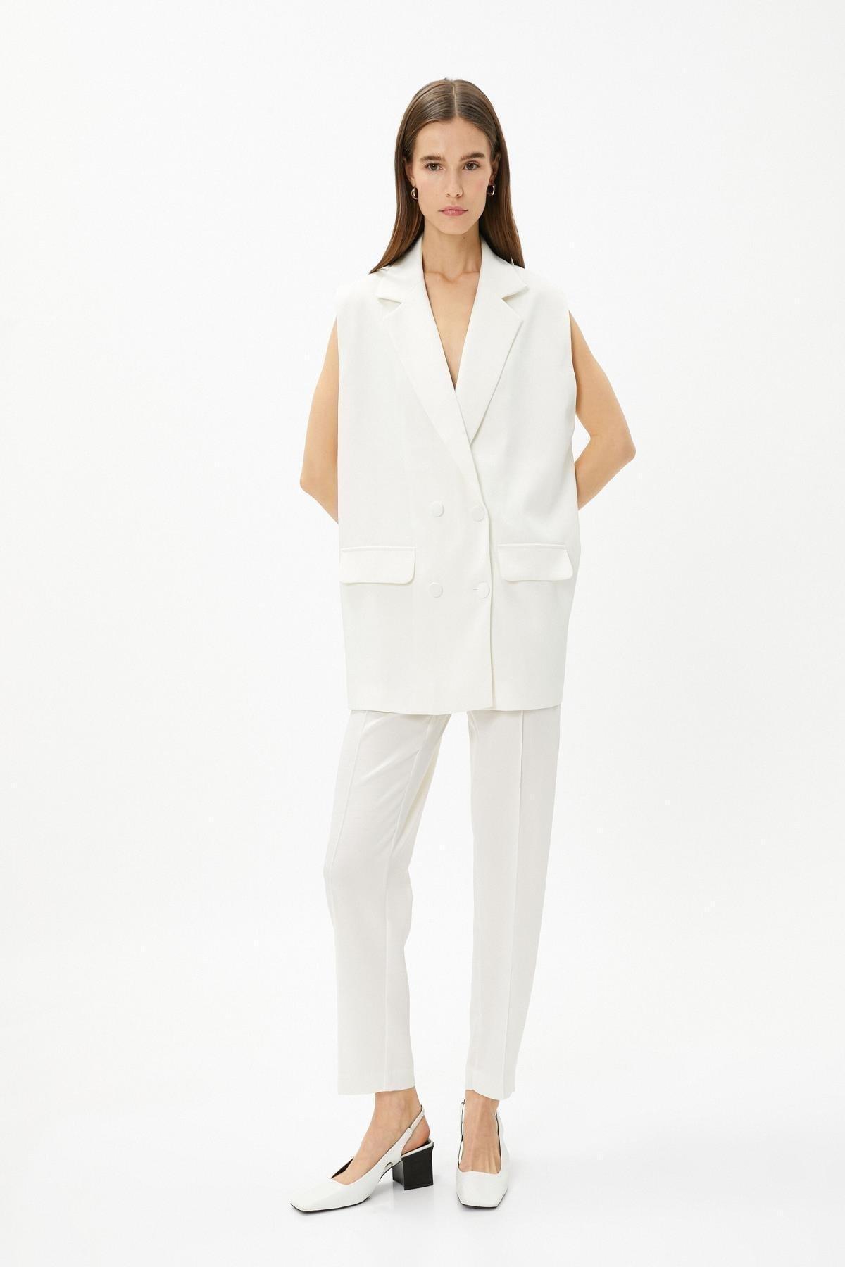 White Straight Plain Suit Pants, , large image number 1