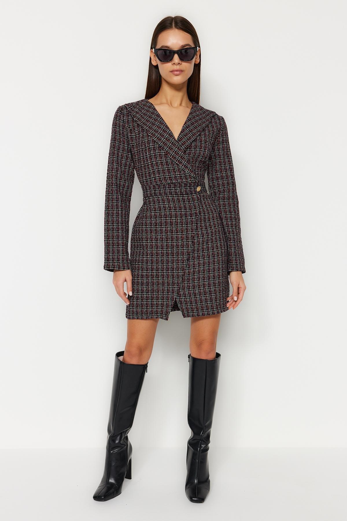 Black Double Breasted Tweed Mini Dress, , large image number 0
