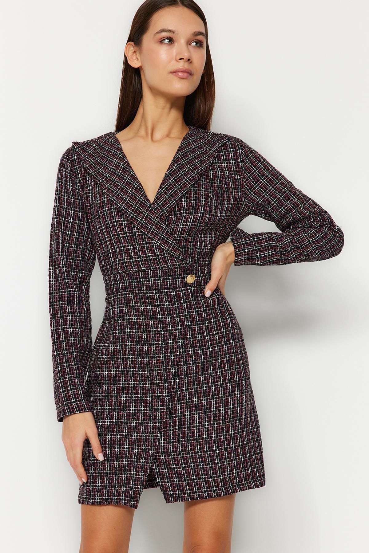 Black Double Breasted Tweed Mini Dress, , large image number 4