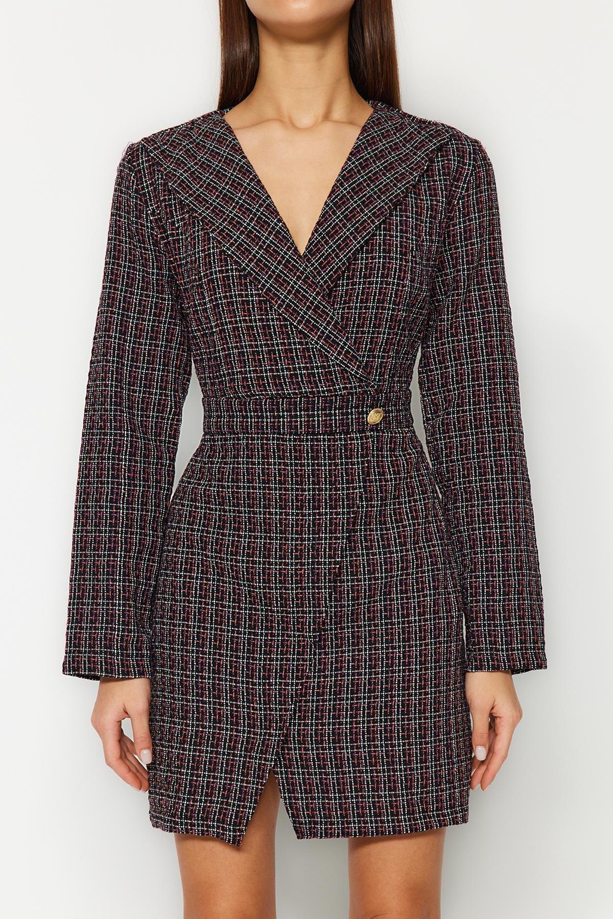 Black Double Breasted Tweed Mini Dress, , large image number 6