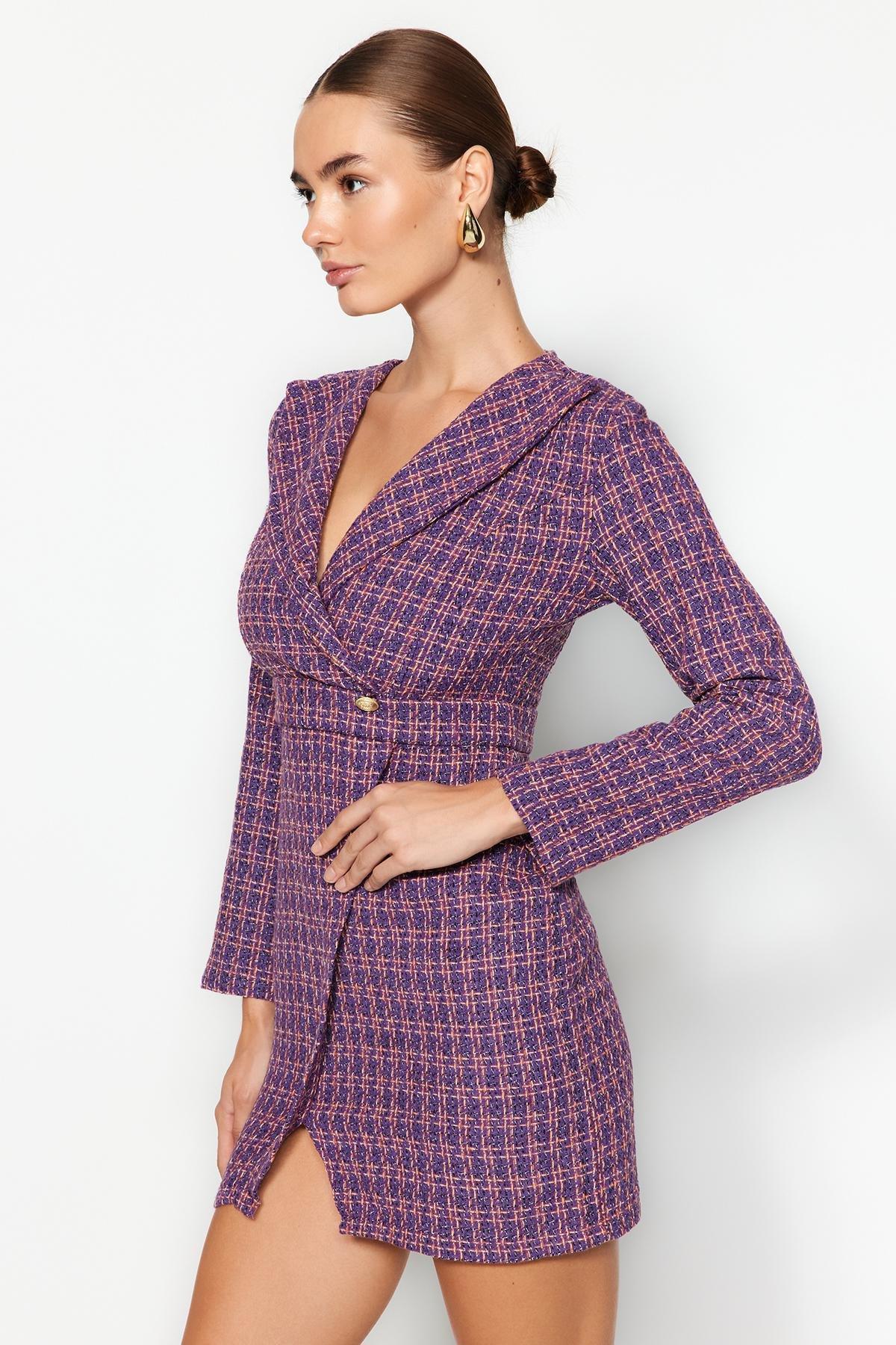 Purple Double Breasted Tweed Mini Dress, , large image number 0