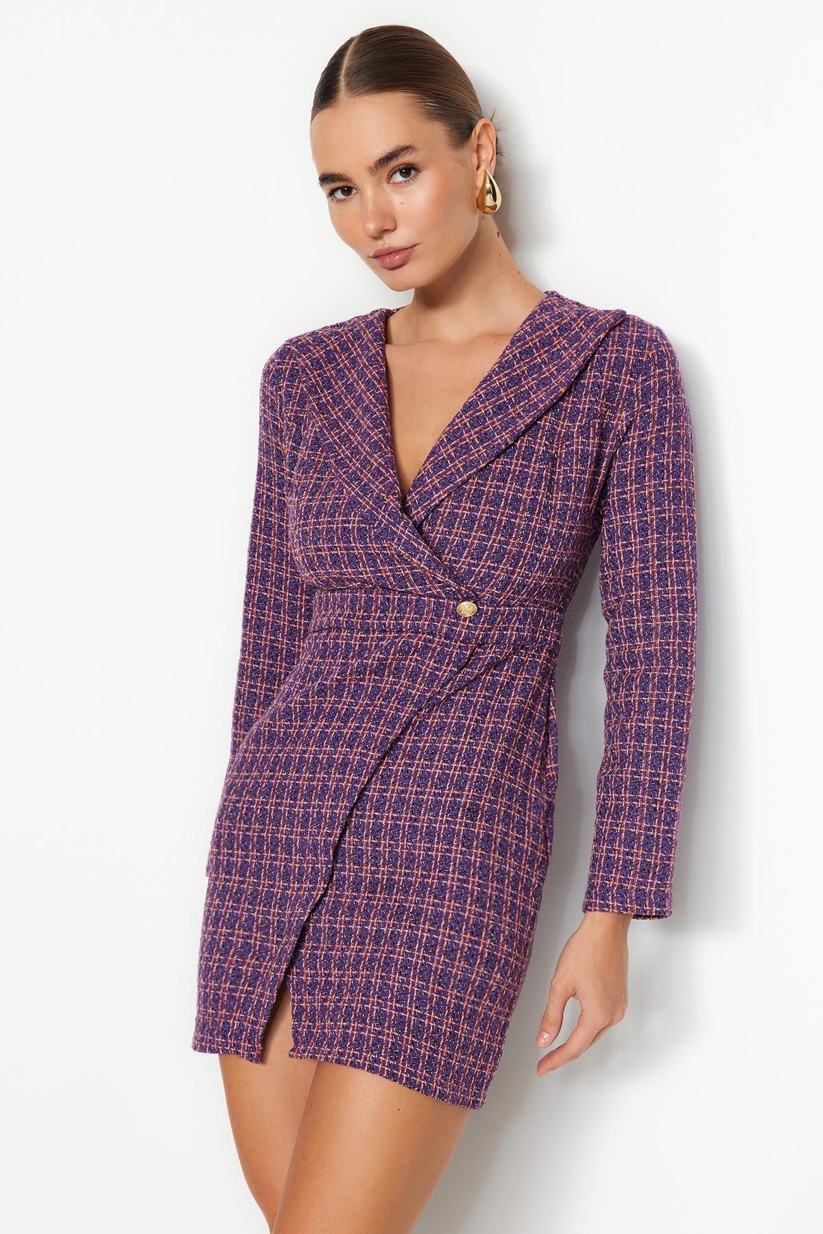 Purple Double Breasted Tweed Mini Dress, , large image number 1