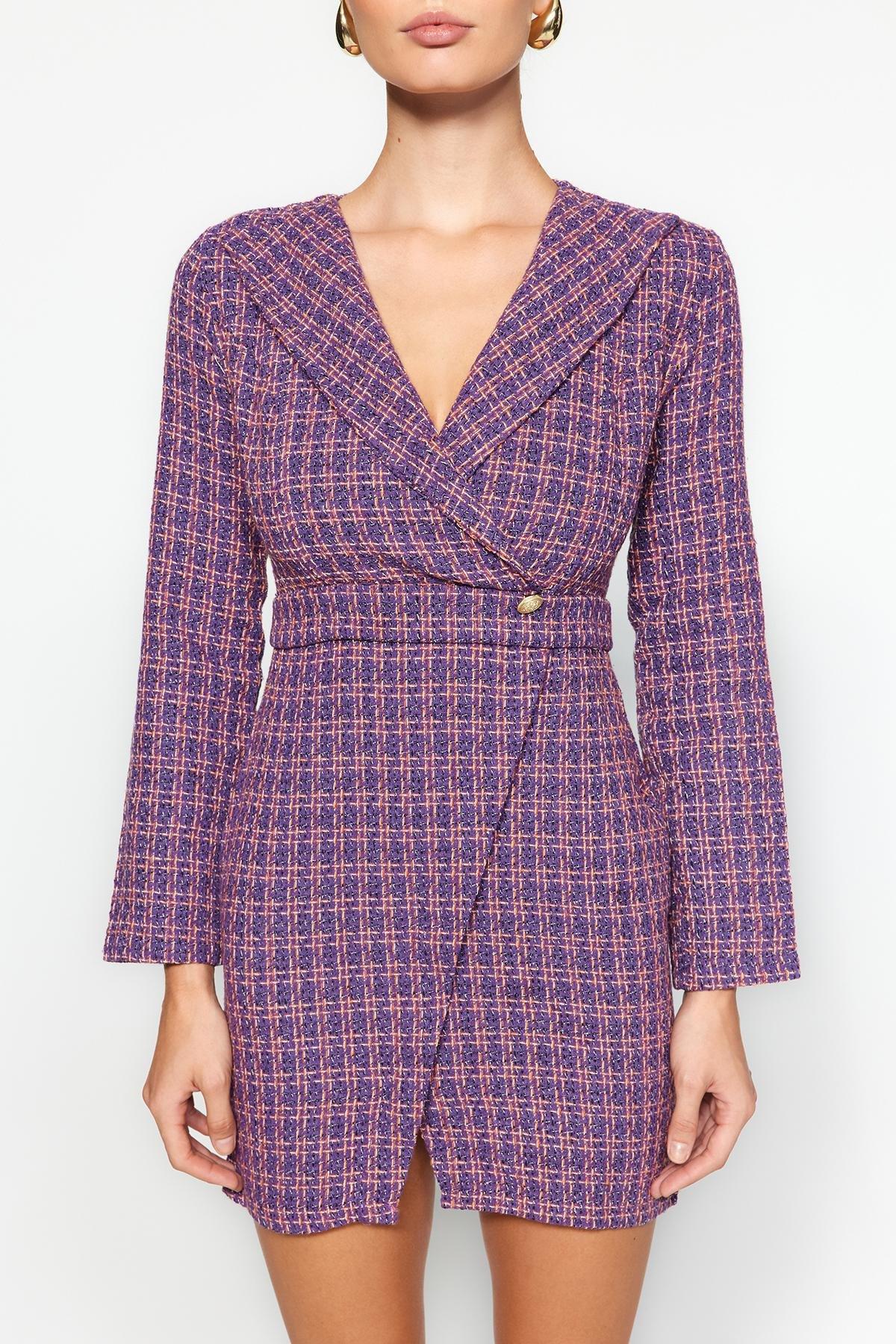 Purple Double Breasted Tweed Mini Dress, , large image number 2