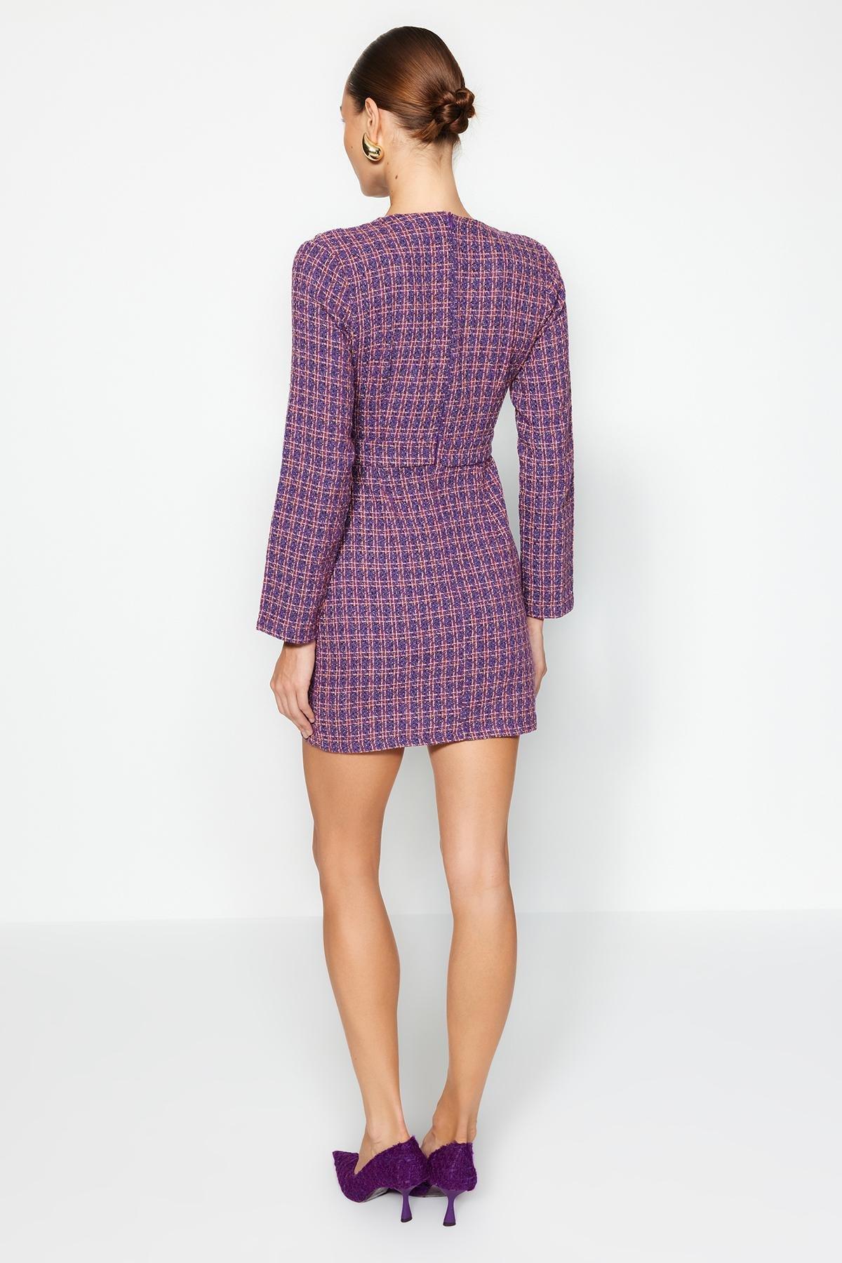 Purple Double Breasted Tweed Mini Dress, , large image number 4