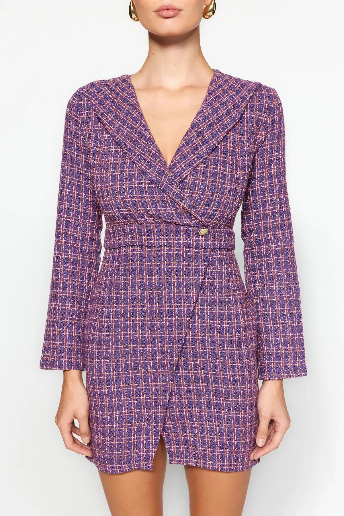 Purple Double Breasted Tweed Mini Dress, , large image number 5
