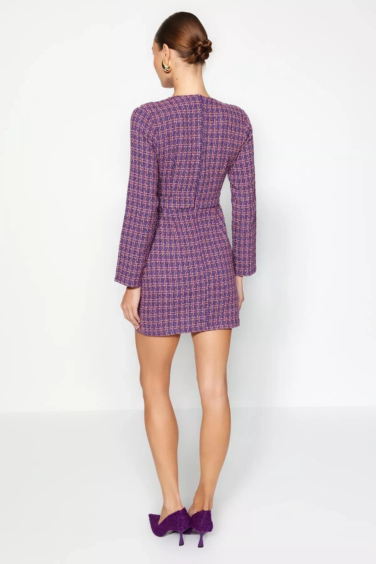 Purple Double Breasted Tweed Mini Dress, , large image number 8