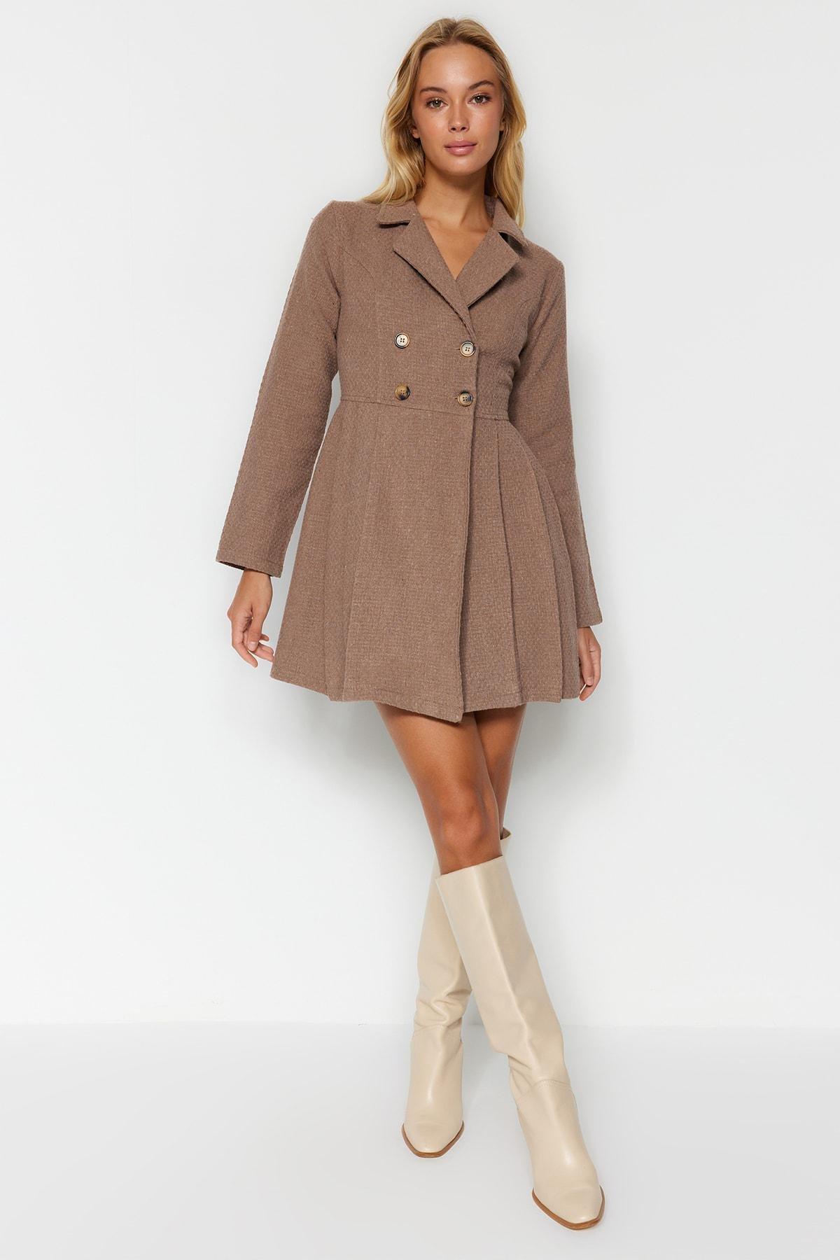 Trendyol - Brown Pleated Buttoned Mini Dress
