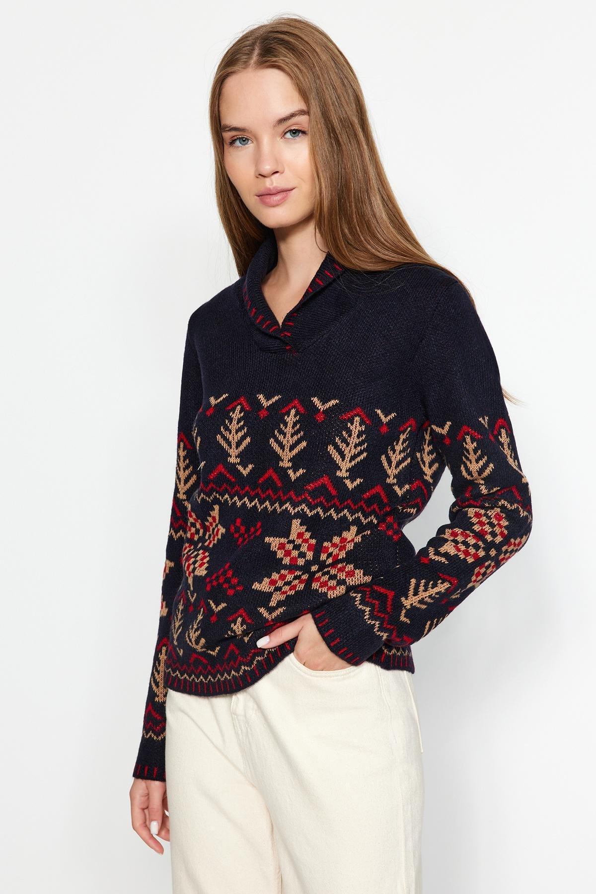 Trendyol - Blue Textured Patterned Knitwear Sweater