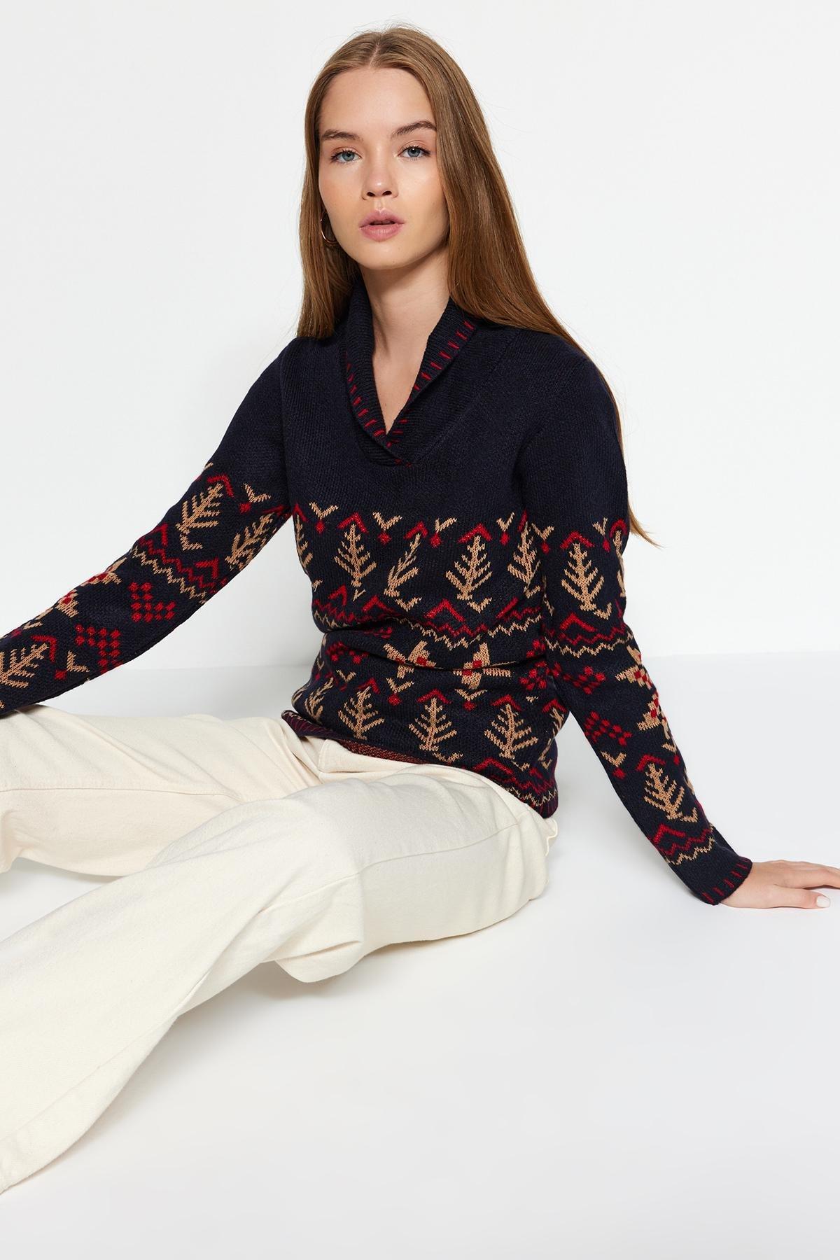 Trendyol - Blue Textured Patterned Knitwear Sweater