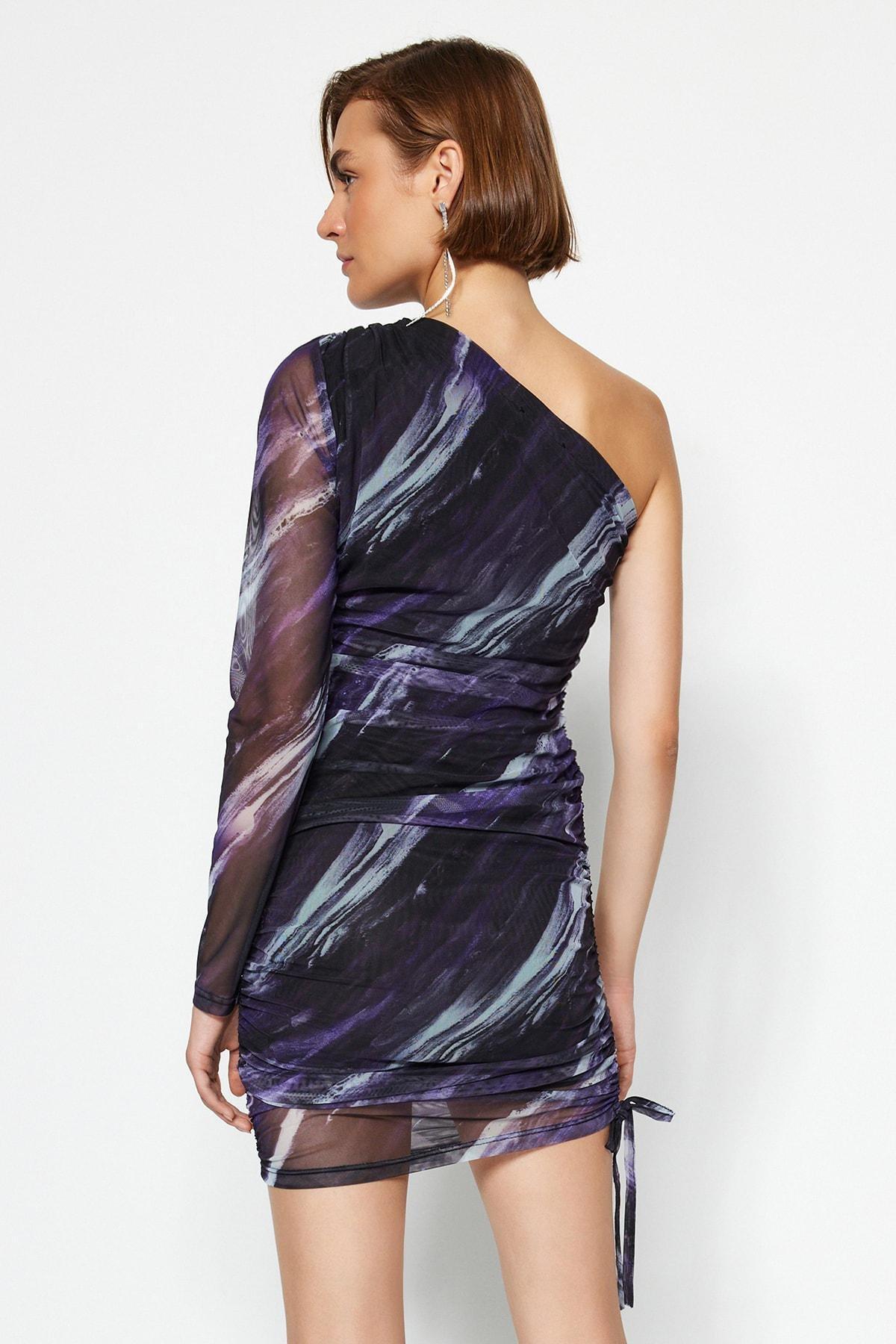 Purple Printed One Sleeve Pleated Knit Dress, , large image number 2
