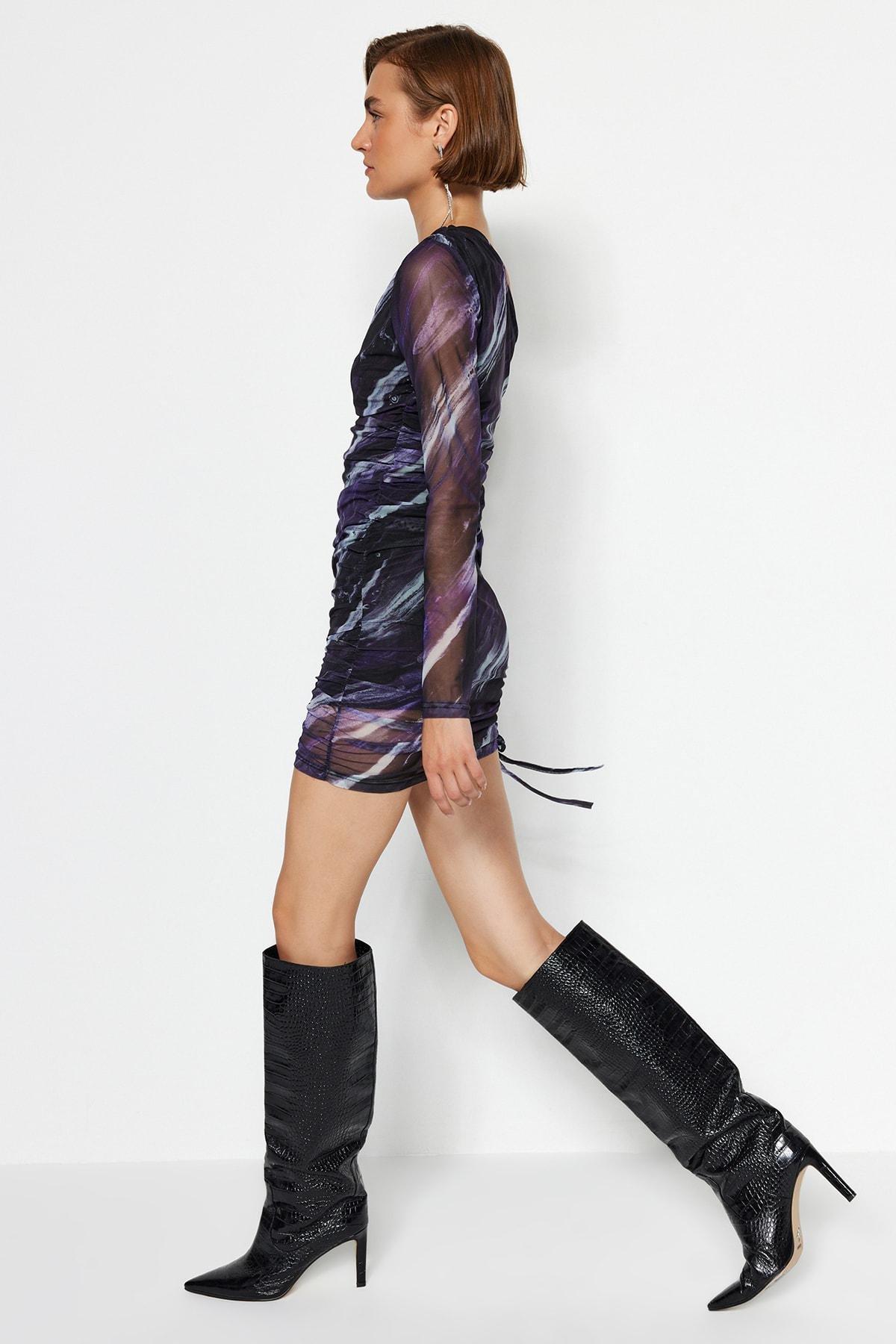 Purple Printed One Sleeve Pleated Knit Dress, , large image number 3