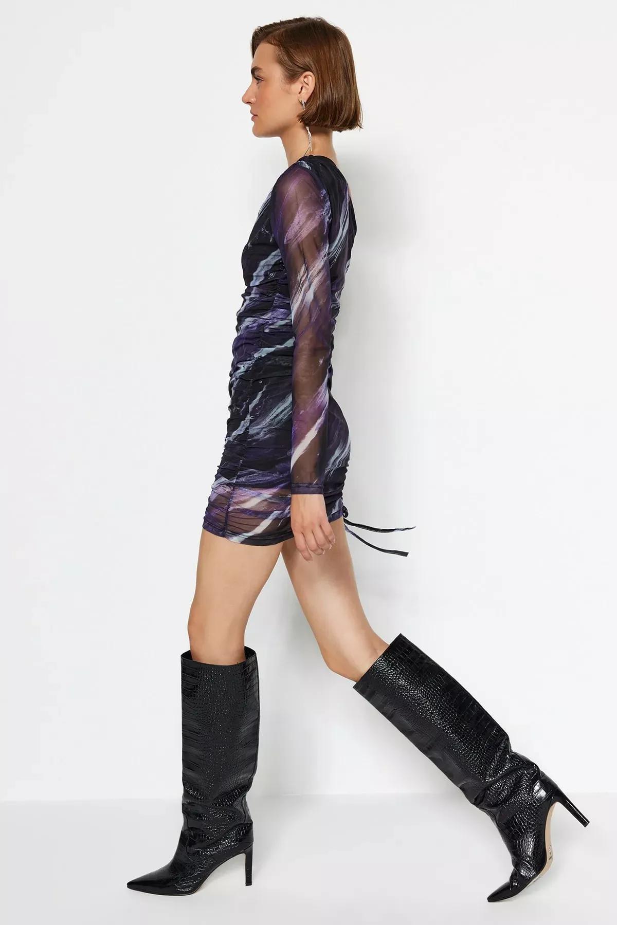 Purple Printed One Sleeve Pleated Knit Dress, , large image number 3