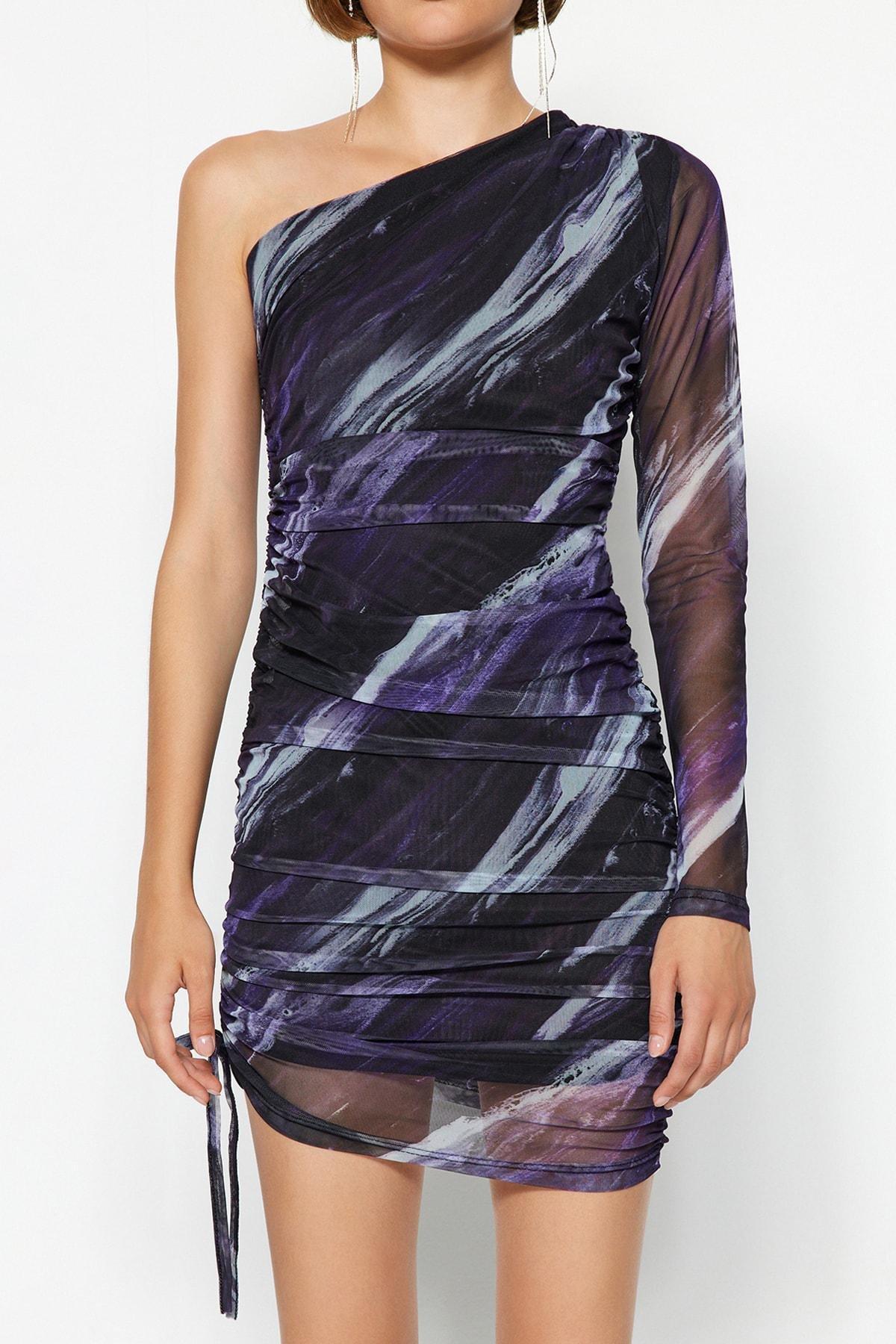 Purple Printed One Sleeve Pleated Knit Dress, , large image number 4