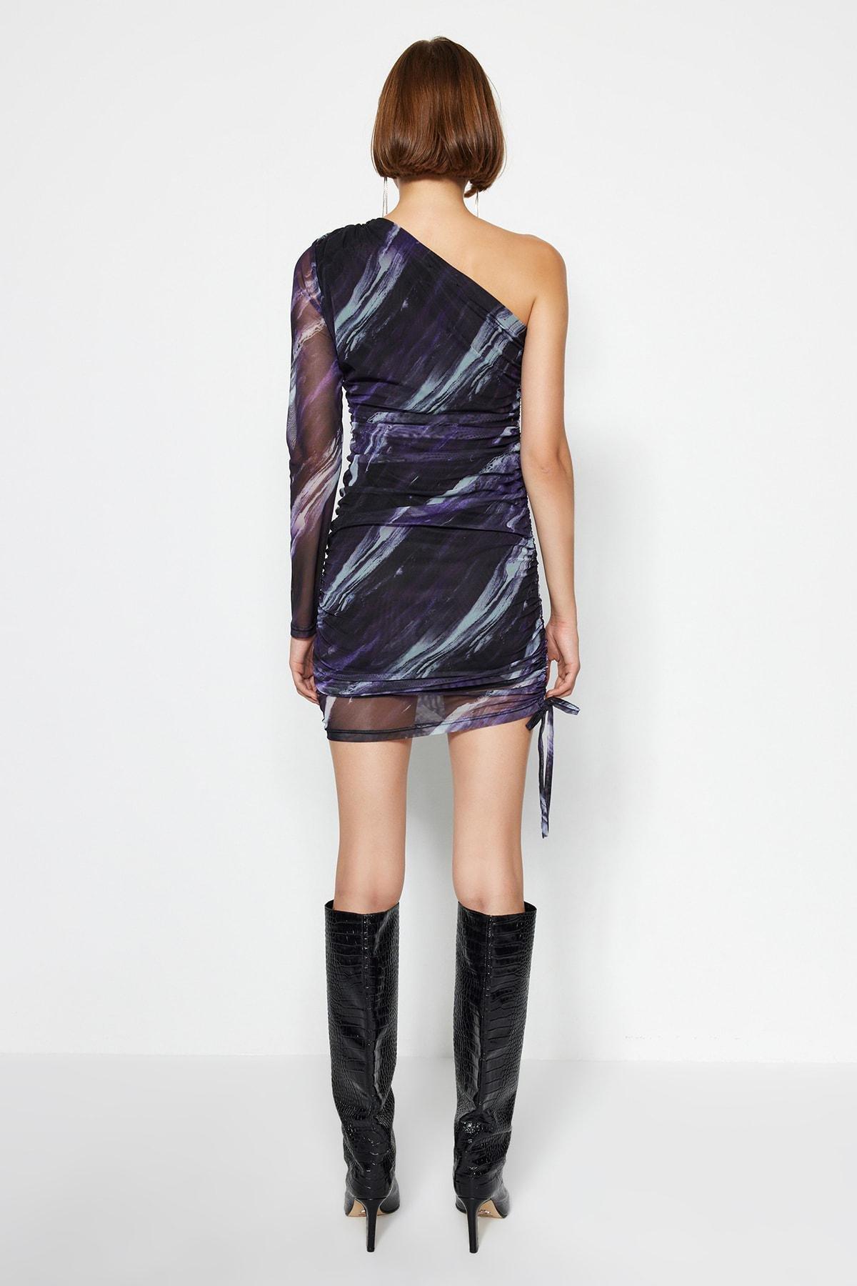 Purple Printed One Sleeve Pleated Knit Dress, , large image number 5
