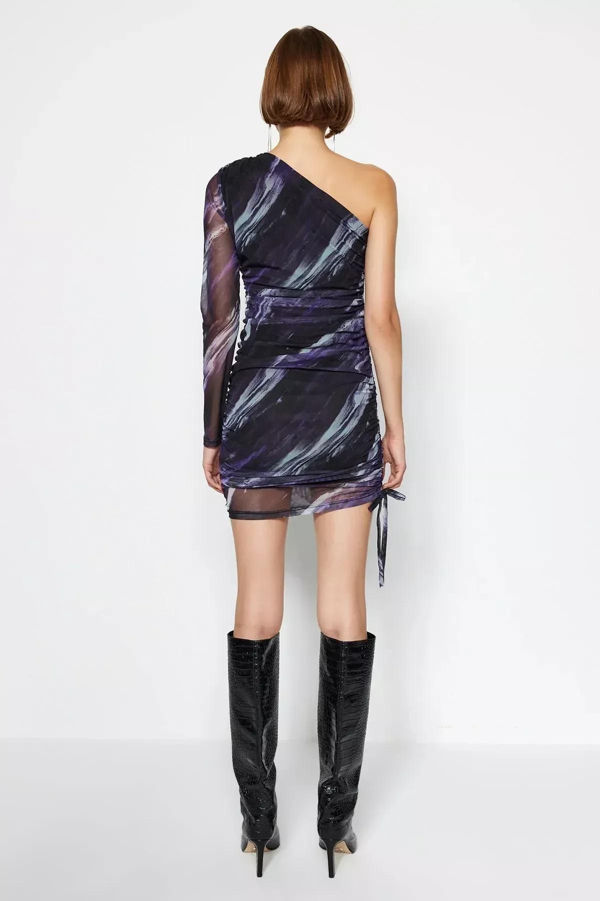 Purple Printed One Sleeve Pleated Knit Dress, , large image number 5