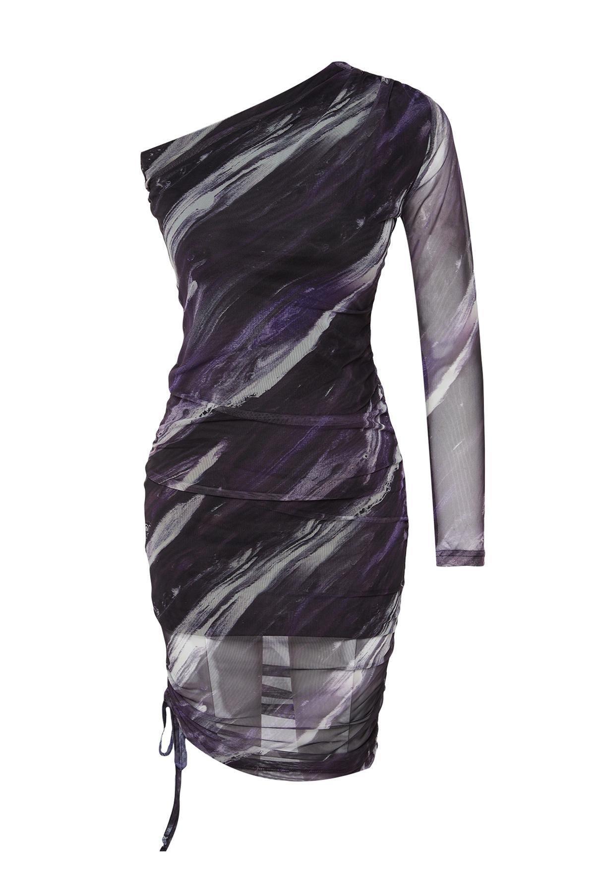 Purple Printed One Sleeve Pleated Knit Dress, , large image number 6