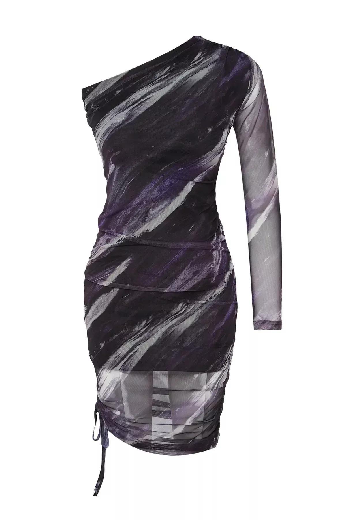Purple Printed One Sleeve Pleated Knit Dress, , large image number 6