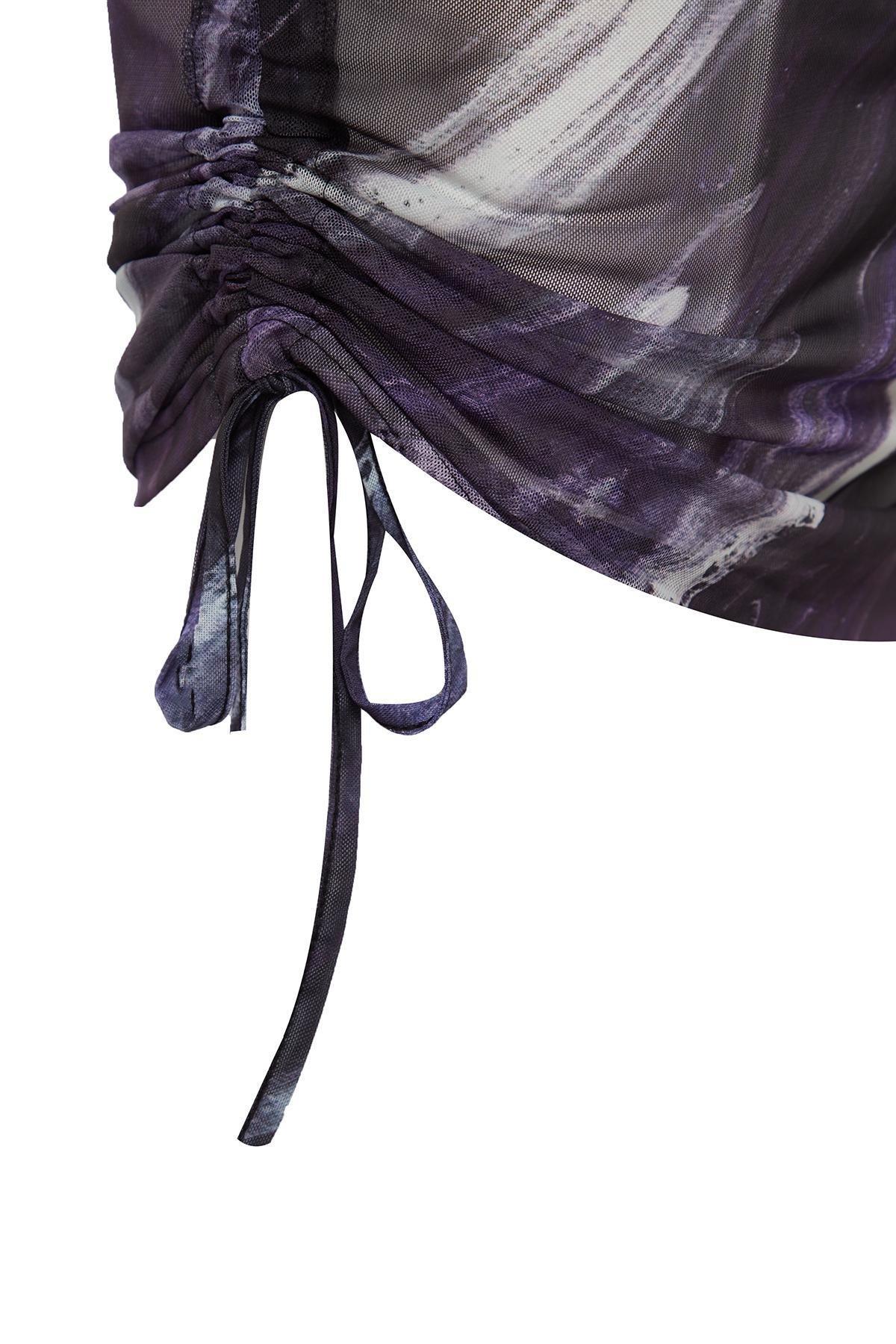 Purple Printed One Sleeve Pleated Knit Dress, , large image number 7