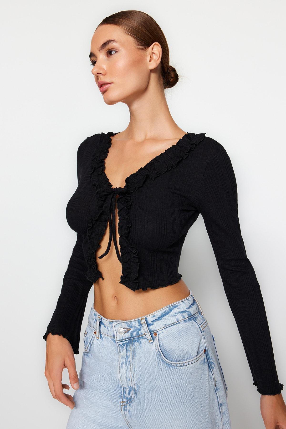 Black Ruffle Detailed Knitted Blouse, , large image number 0
