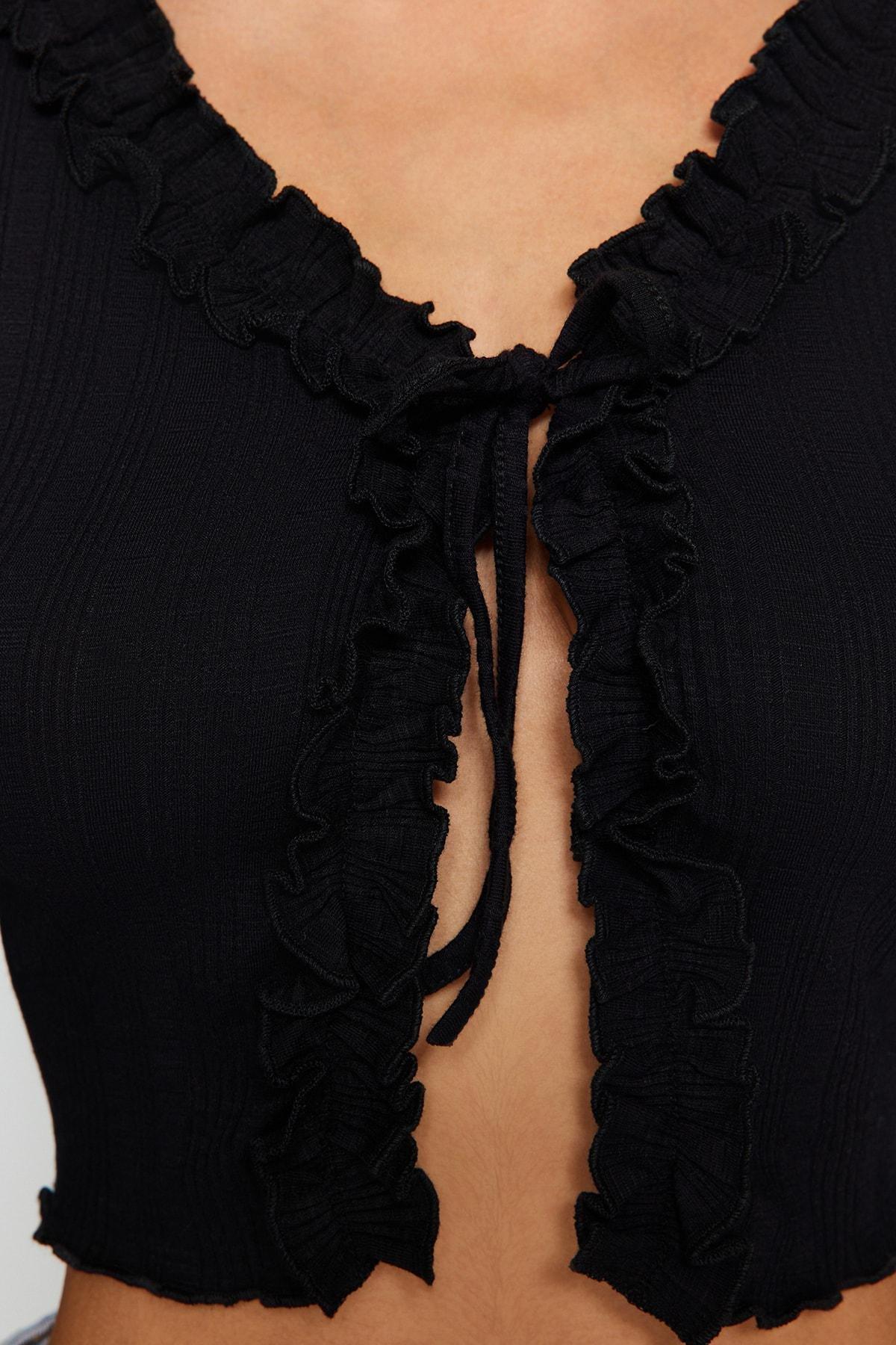 Black Ruffle Detailed Knitted Blouse, , large image number 4