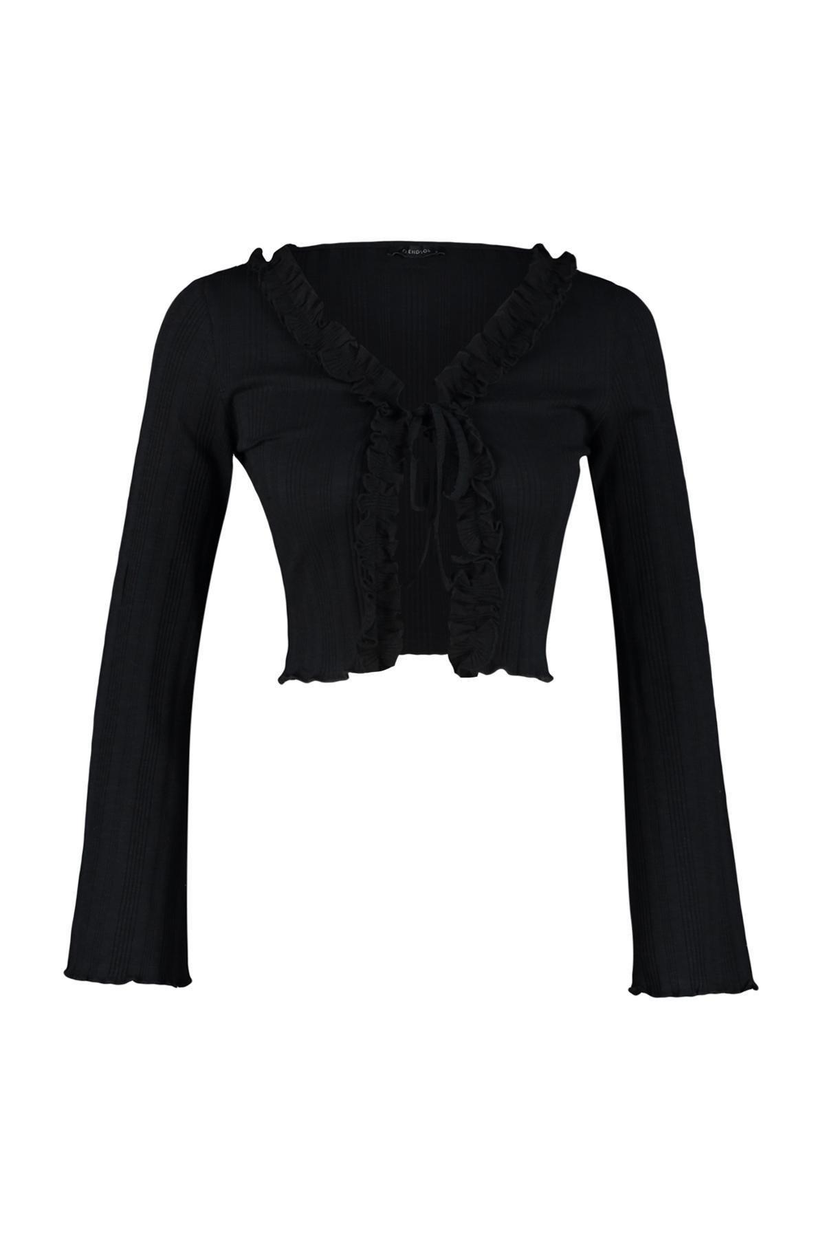Black Ruffle Detailed Knitted Blouse, , large image number 5