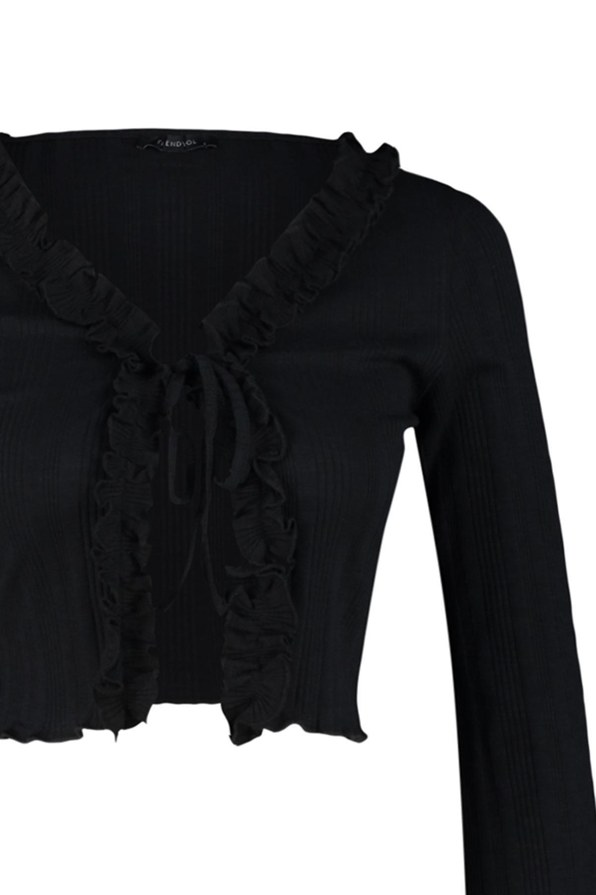 Black Ruffle Detailed Knitted Blouse, , large image number 6