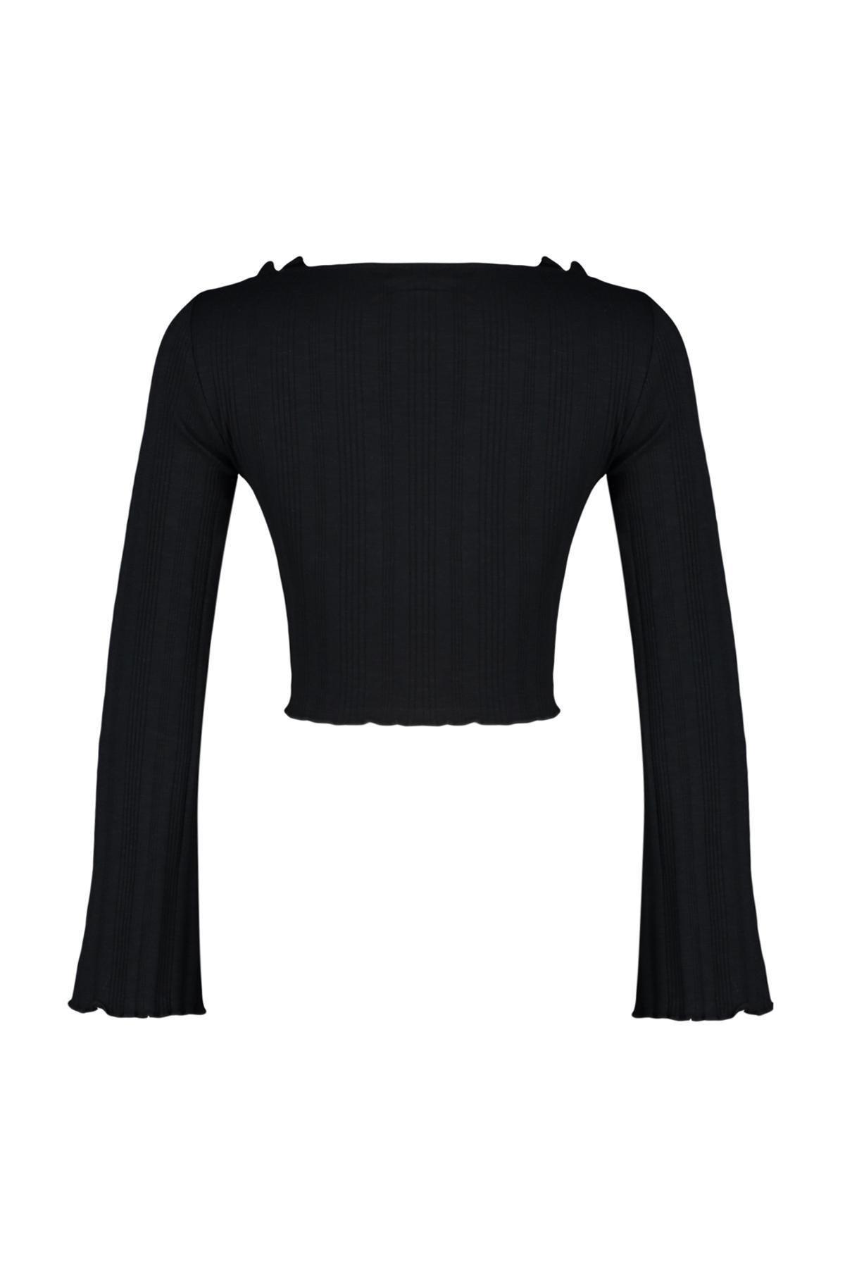 Black Ruffle Detailed Knitted Blouse, , large image number 7