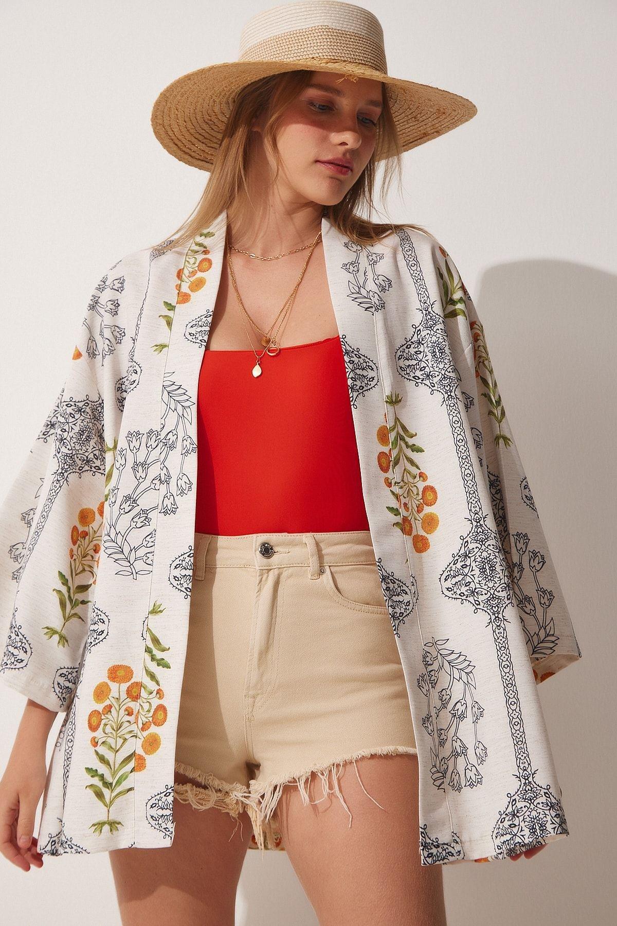 Multicolour Patterned Linen Kimono, , large image number 0