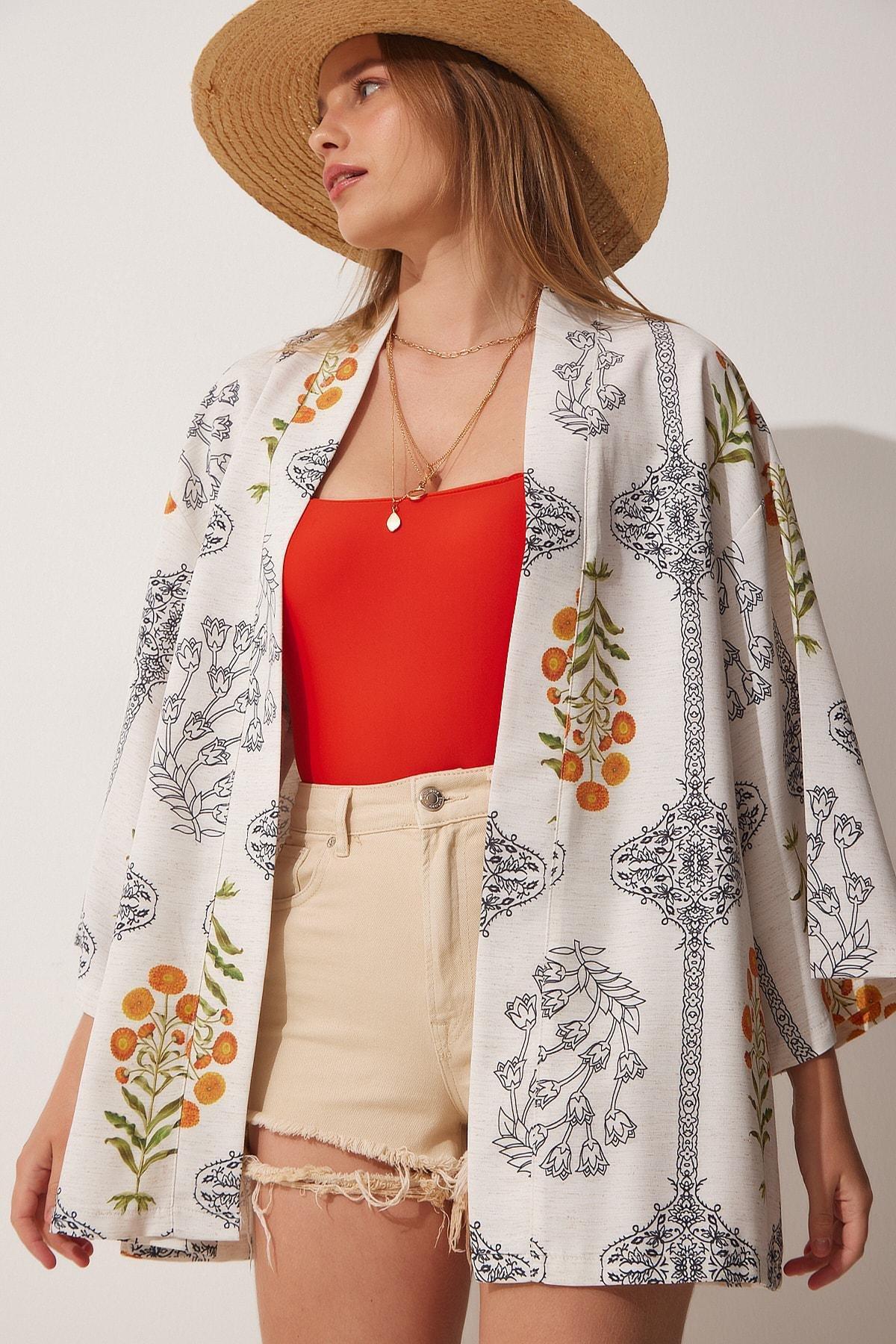 Multicolour Patterned Linen Kimono, , large image number 1