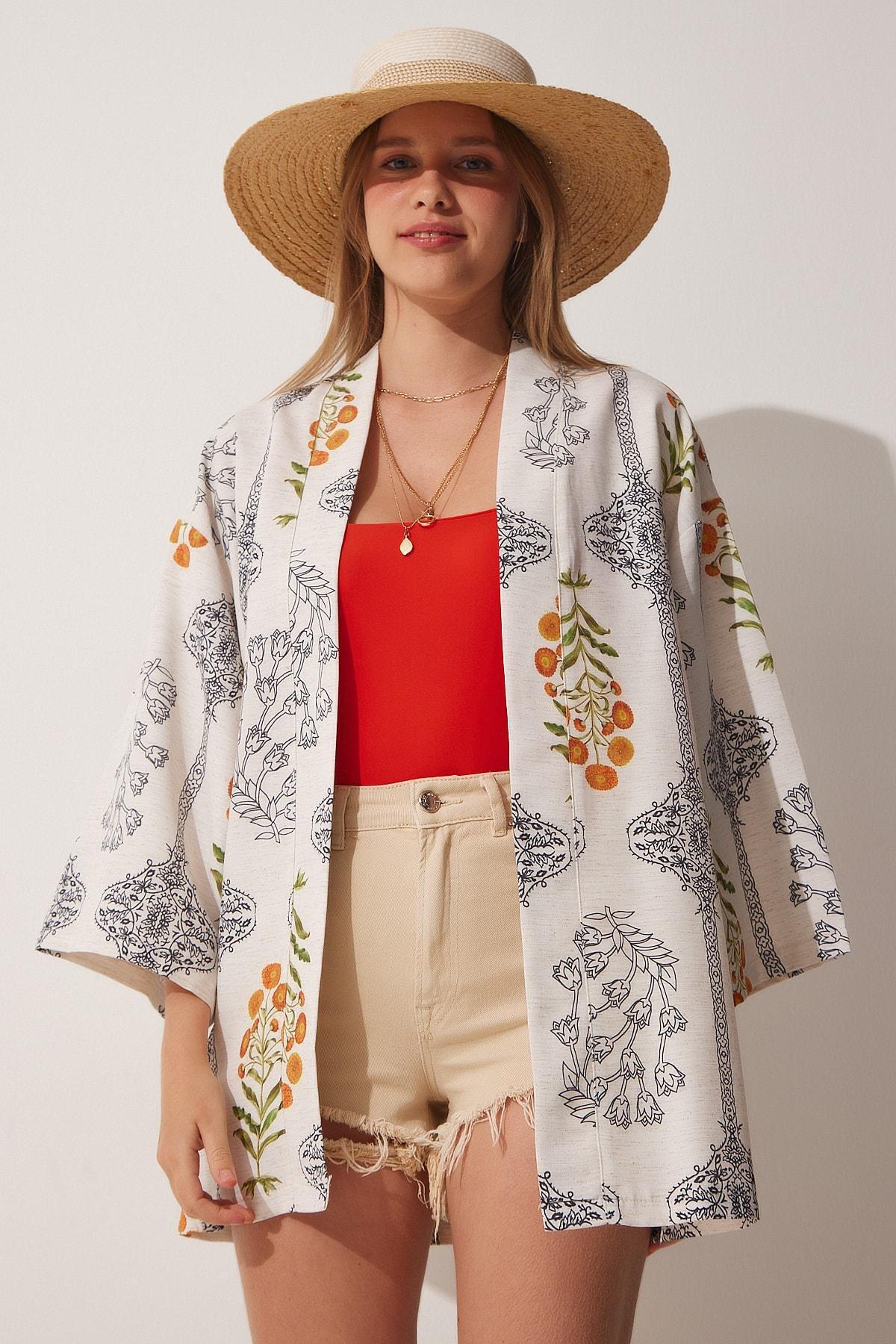 Multicolour Patterned Linen Kimono, , large image number 2