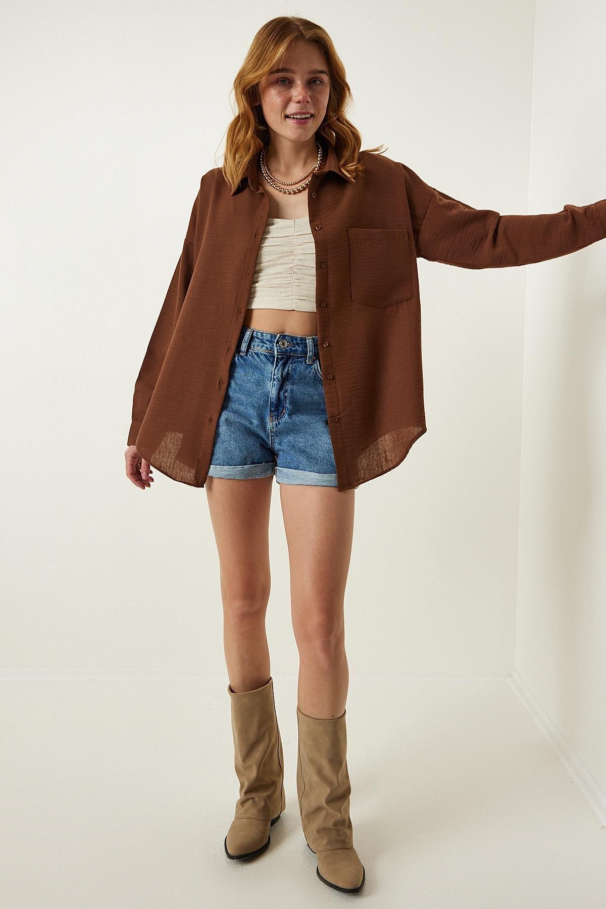 Brown Plain Cropped Overshirt, , large image number 1