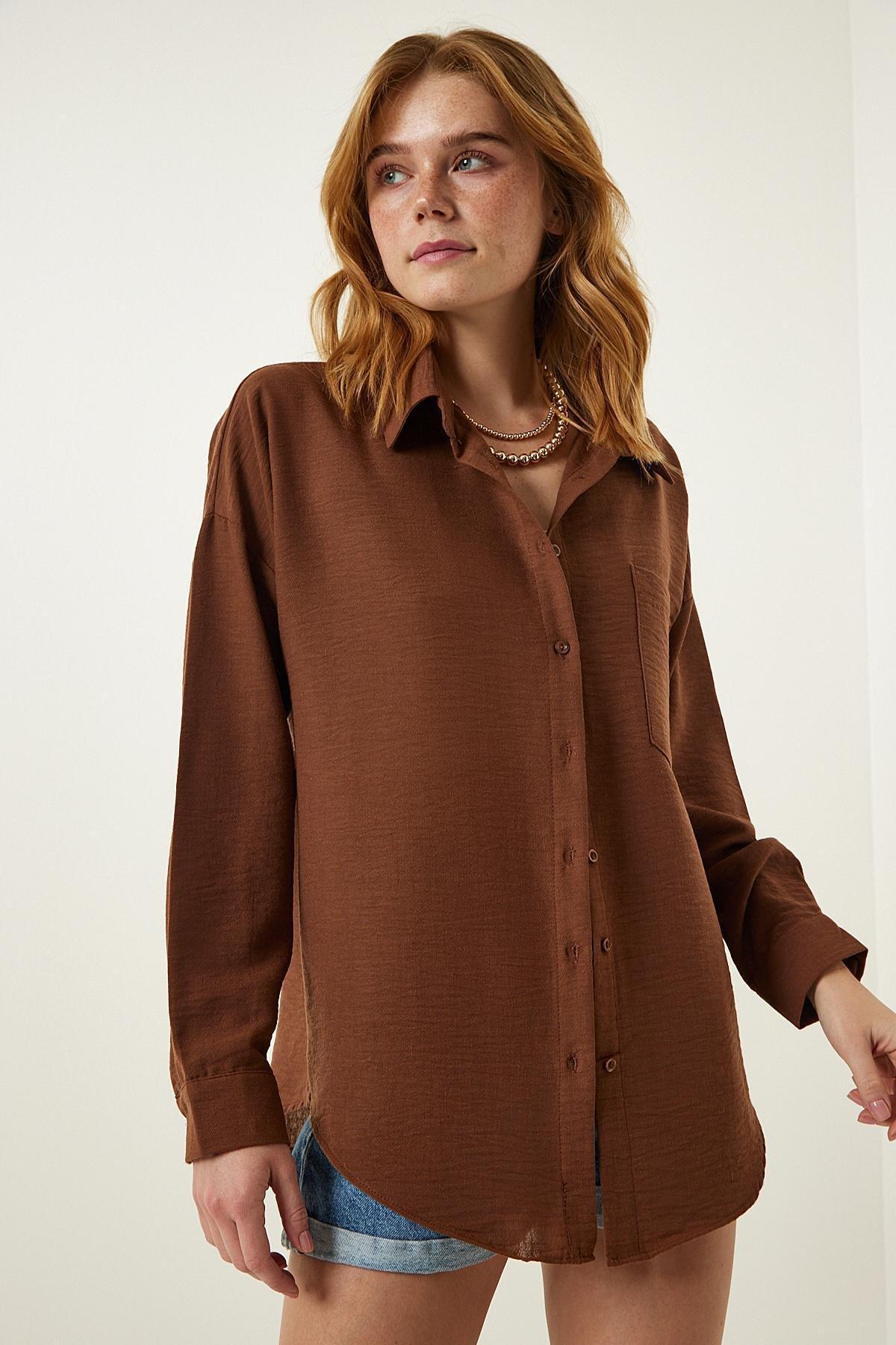 Brown Plain Cropped Overshirt, , large image number 2