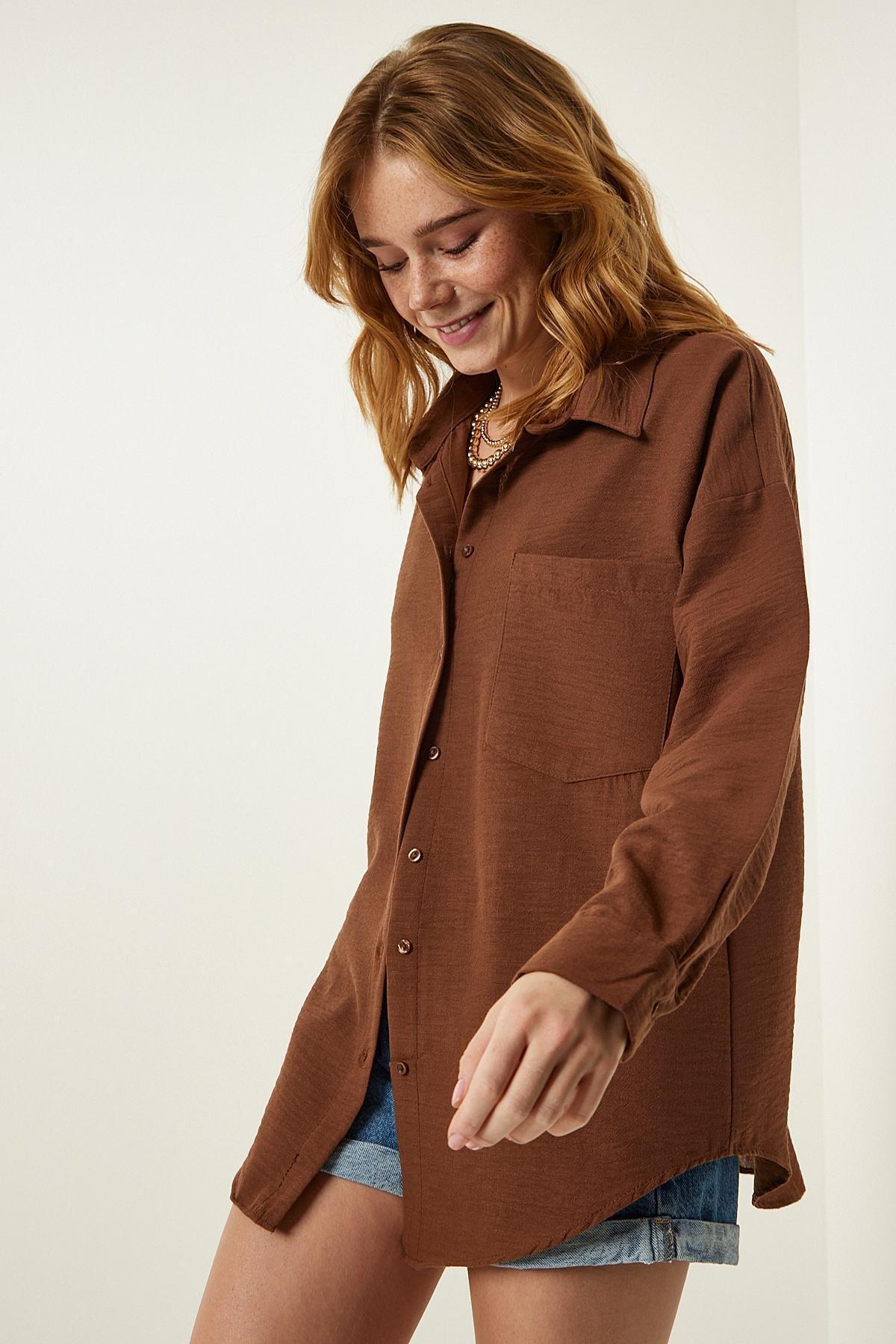Brown Plain Cropped Overshirt, , large image number 3