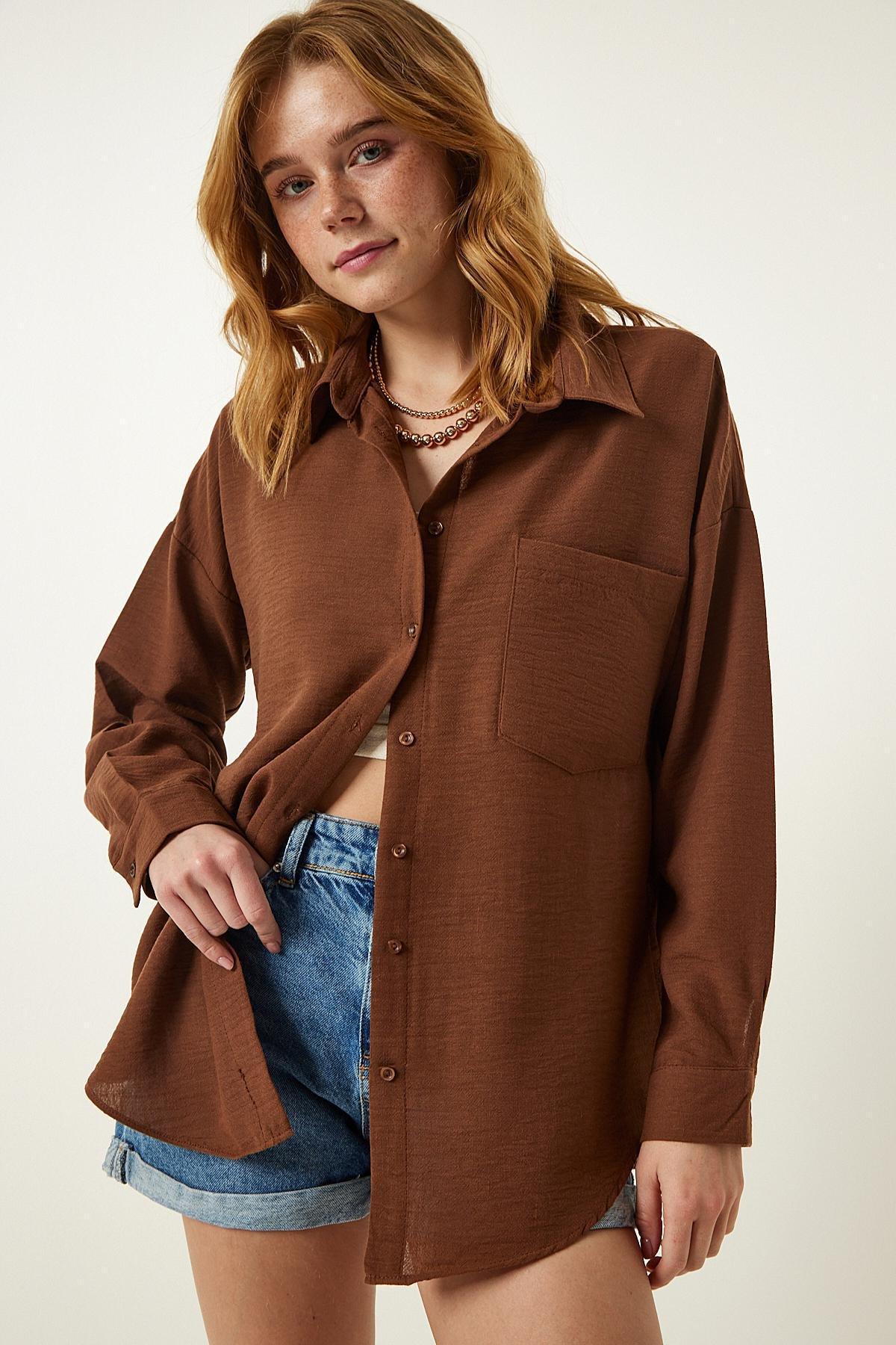 Brown Plain Cropped Overshirt, , large image number 4